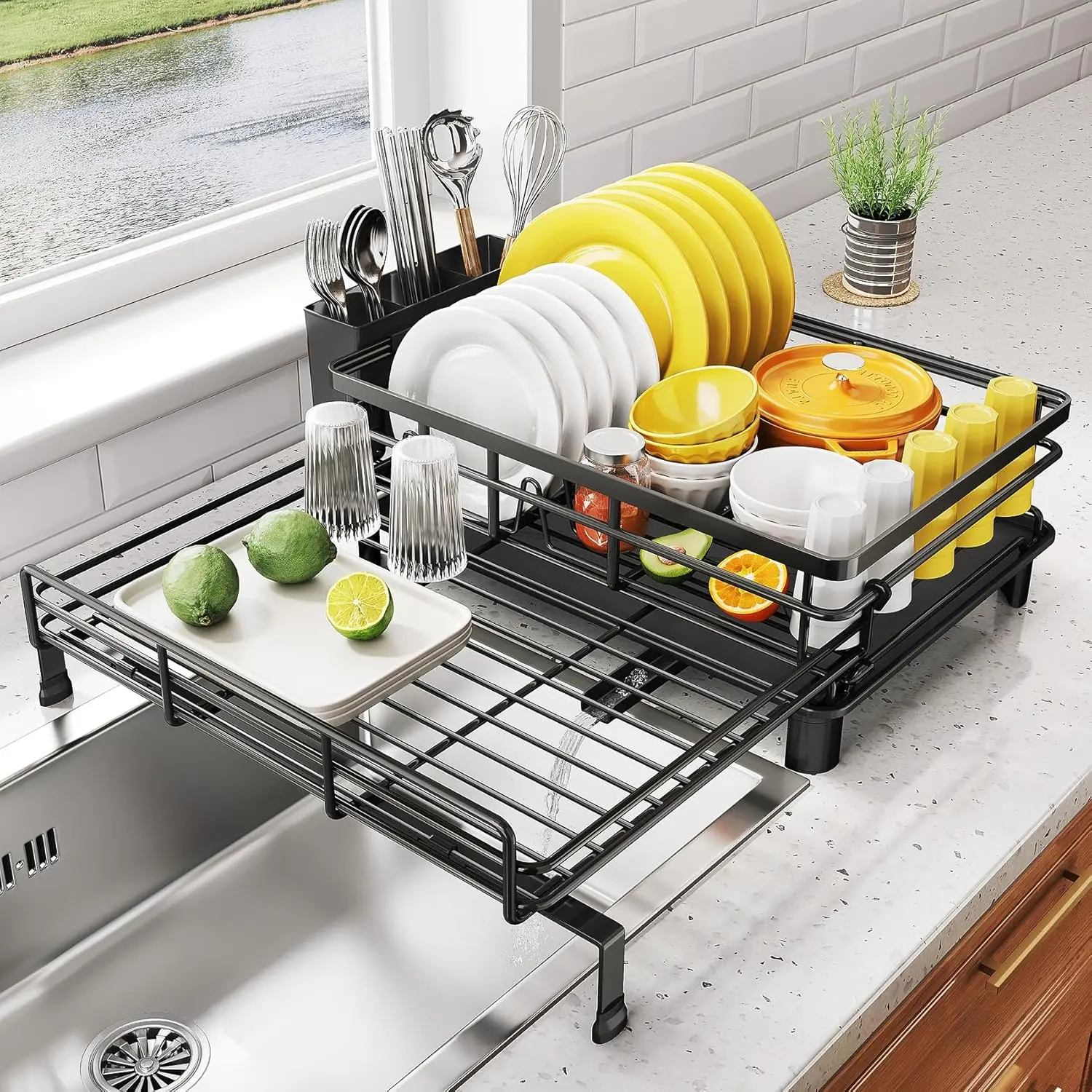 Dish Drying Rack - Extendable Dish Rack, Large Sink Drying Dish Drainer for Kitchen Counter, Stainless Steel Dish Strainer with Utensil Holder (Black)