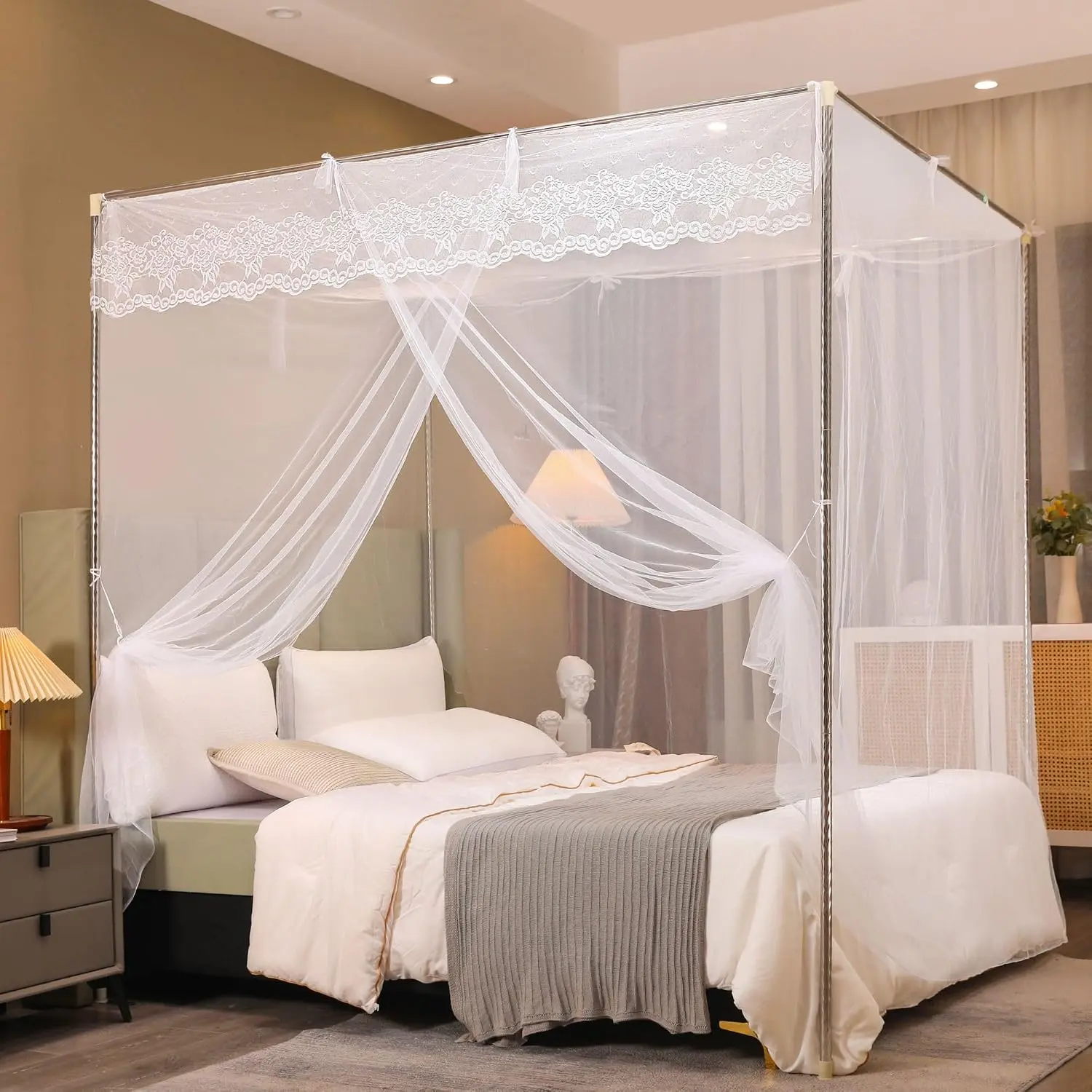 White Mosquito Net Tent for Bed,Three Side Opening Canopy Netting Curtain Net for Bedroom Decoration for  Size - 76 W x 80 L inch x 75 H(Without Bed Frame)