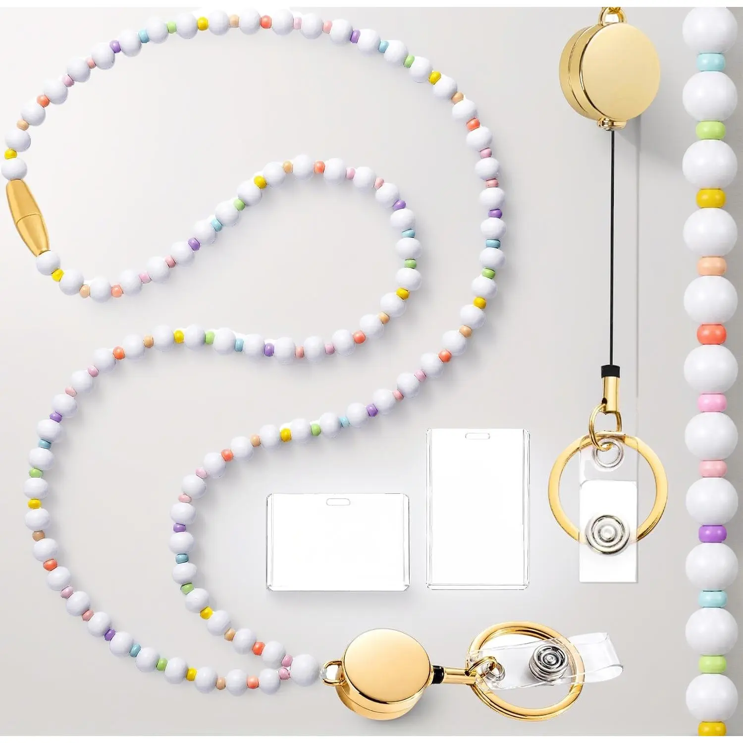 Teacher Gifts Lanyard for ID Badges with Breakaway Clasp Cute |   Retractable Colorful Beaded Badge Necklace with 2 Card Holders for Name Tag, Keys, Women