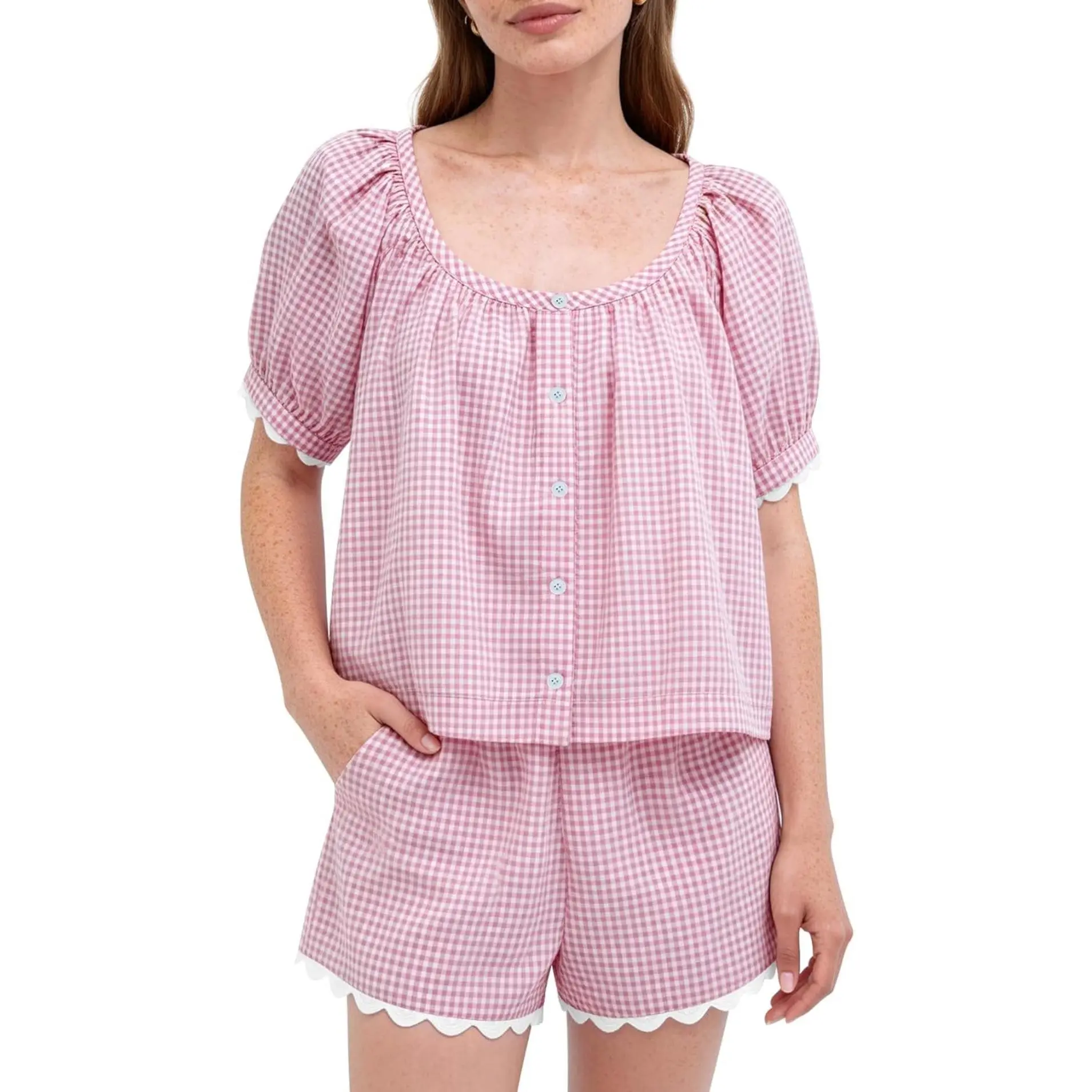 Women's 2-Piece Cotton Gingham Pajama Set - Puff Short-Sleeve Scoop Neck Top, Scalloped Trim Shorts, Casual Home Wear, Pajama Lounge Sets, Pyjamas, Women Clothes 2 Piece Sleepwear, Gingham Plaid, Above Knee, Shortsleeve, 100%Viscose, Lady, Women's 2 Piece