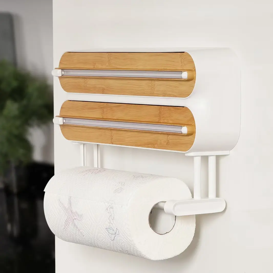 Three-In-One Wall-Mounted Food Wrap Cutter Box Dispenser, Wooden Kitchen Aluminum Foil Storage Rack, No-Drill Installation, Easy to Use