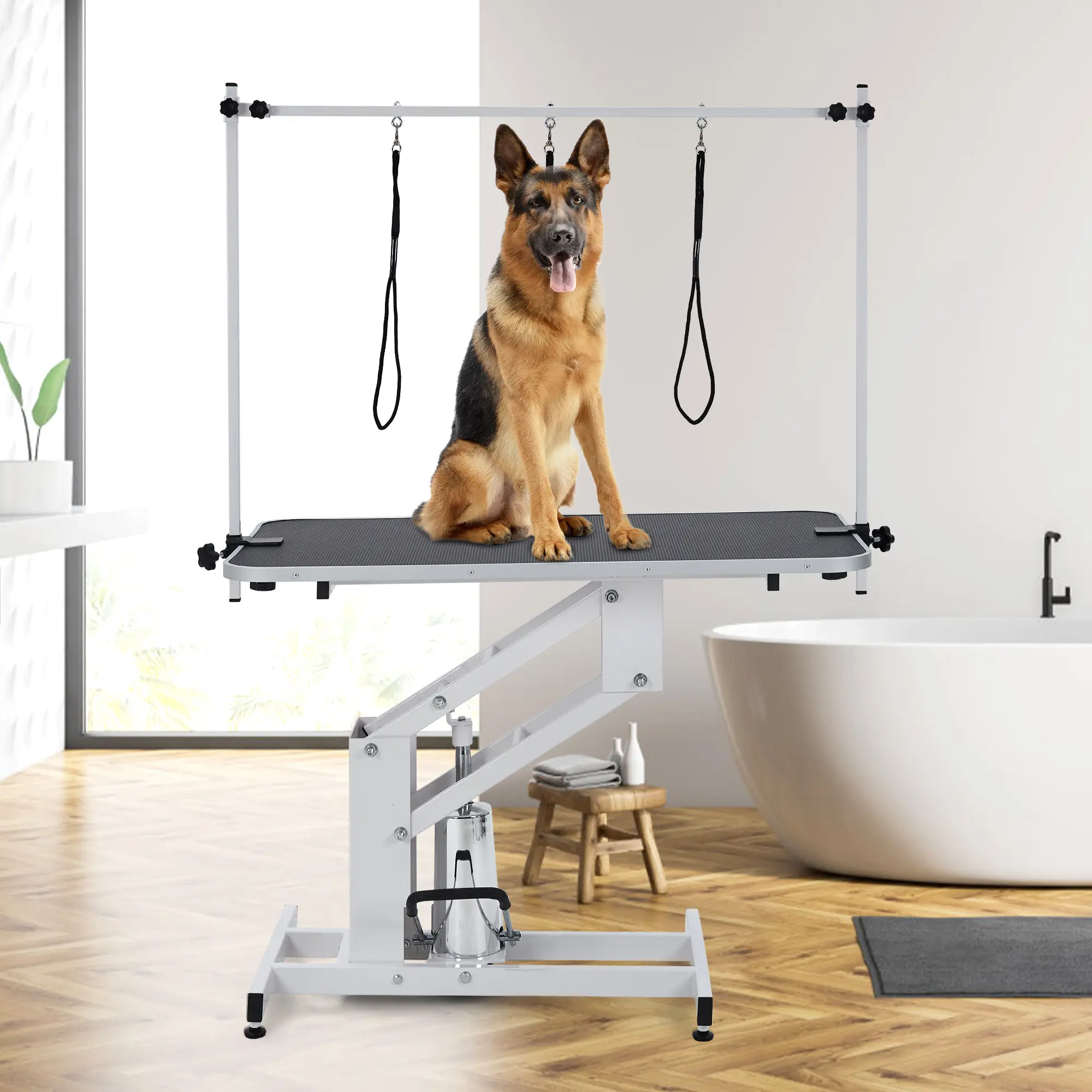 Professional Hydraulic Dog Grooming Table Heavy Duty 350Lbs, Adjustable Overhead Arm & Noose, Non-Slip PVC Top for Large Dogs, Salon-Grade Pet Grooming Station (White)