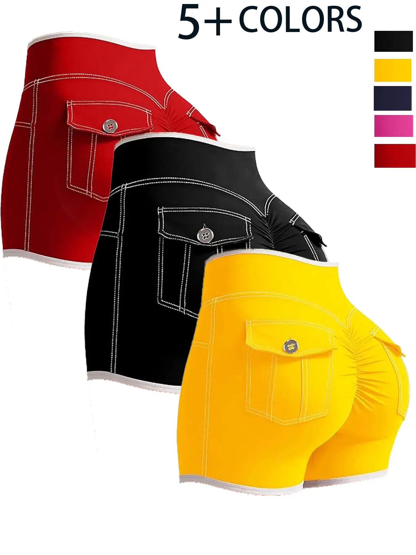 Women's High Waist Solid Sports Shorts with Pockets, Athleisure Shorts, Color Blocking Sporty Design, Breathable Elastic Gym Yoga Workout Pants, All Seasons