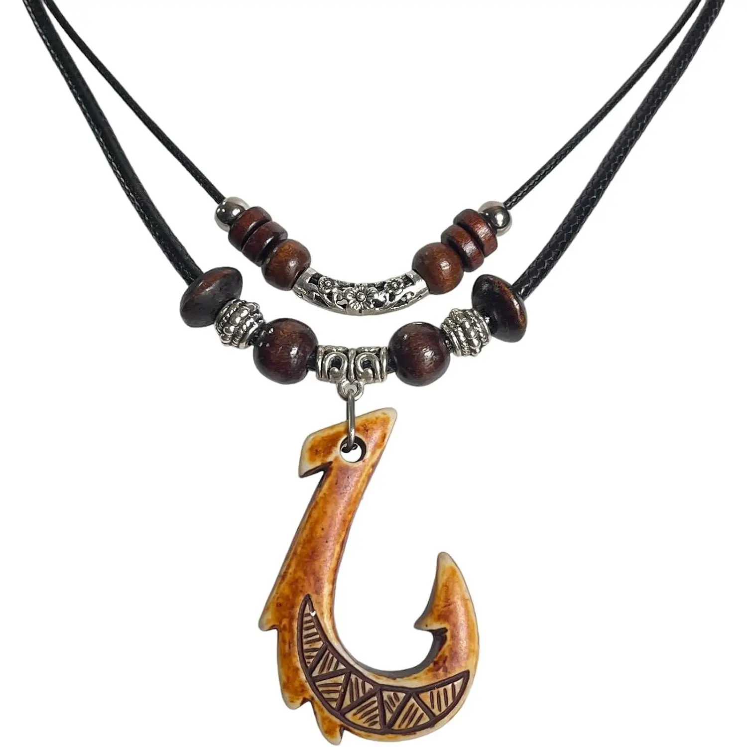 Brown Hawaiian Fish Hook Pendant Necklace  Cord Chain - Maori Tribal Necklace - Adjustable Black Cord
