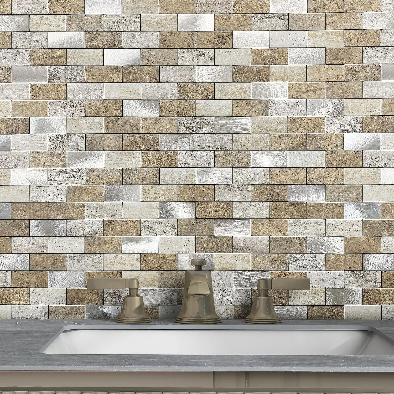 Peel and Stick Backsplash Stone Tiles Castle Brown 10 count