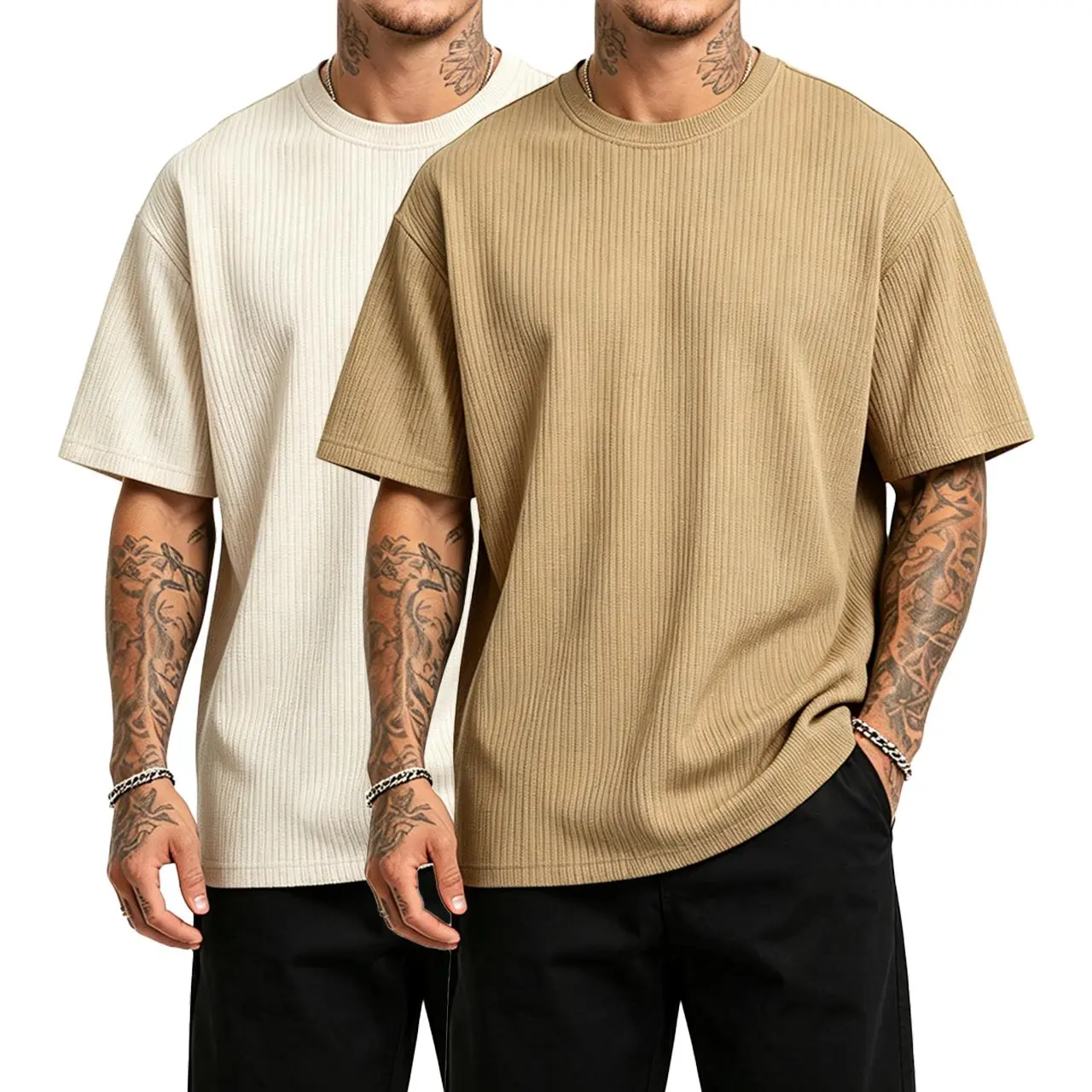 Men's Solid Beige Crew Neck T-Shirt, Draped Short Sleeve Top with Relaxed Fit for Casual Wear, Sizes S/M/L, 1-Pack, 2Pcs Beige, Clean, Minimal Look, All Seasons, Easy Pairing With Bottoms, Loose-Fitting, Minimalist, Round Neck