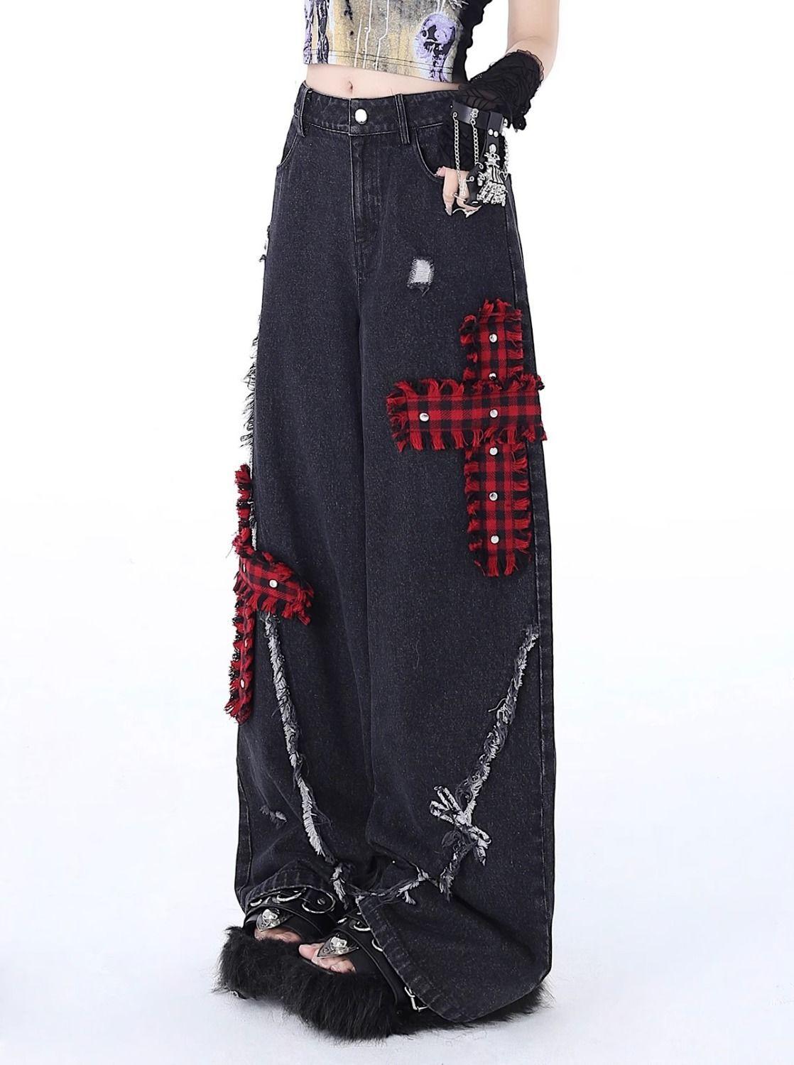 Women's Rock Punk Ripped Jeans, Spring New High-Waist Wide-Leg Pants, Loose Embroidered Floor-Length Denim, Drapey Casual Bottoms