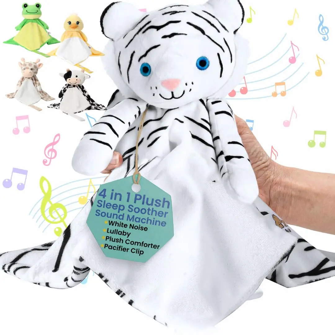 4 In 1 Baby Lullaby Sleep Soother Stuffed Toy - White Tiger Plush Lovey Security Blanket, Sound Machine, Pacifier Holder with Heartbeat White Noise & Musical Features (0-3 Years), Unisex, Animal, Stuffed Animal Sound Machine, White Tiger Lovey