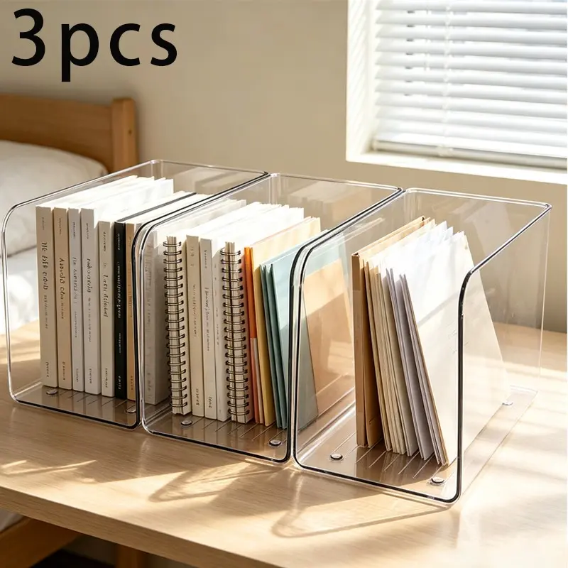 3pcs Transparent File Storage Boxes and Acrylic Desk Shelf, Organize Books and Office Supplies, Plastic Magazine Organizer, Home or Office Use