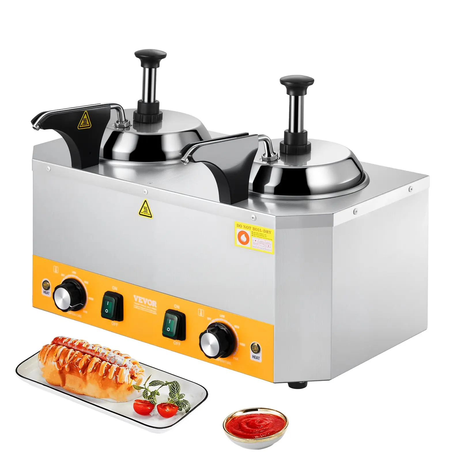 VEVOR Electric Cheese Dispenser with Pumps, 2.4x2 L Commercial Hot Fudge Warmer, Stainless Steel Heated Double Pumps Dispenser, 86-230 Temp Adjustable Nacho Cheese Warmer for Fudge Cheese Caramel