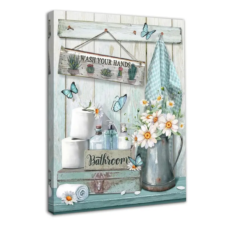Artistic Framed Farmhouse Bathroom Wall Art Decoration - Rustic Teal Flower & Butterfly Print, Juneteenth Themed, Plaid Accent, Hanging, Sun Protection, Wrinkle-Resistant, Eco-Friendly Accent Wall Canada Day Home Decor Poster