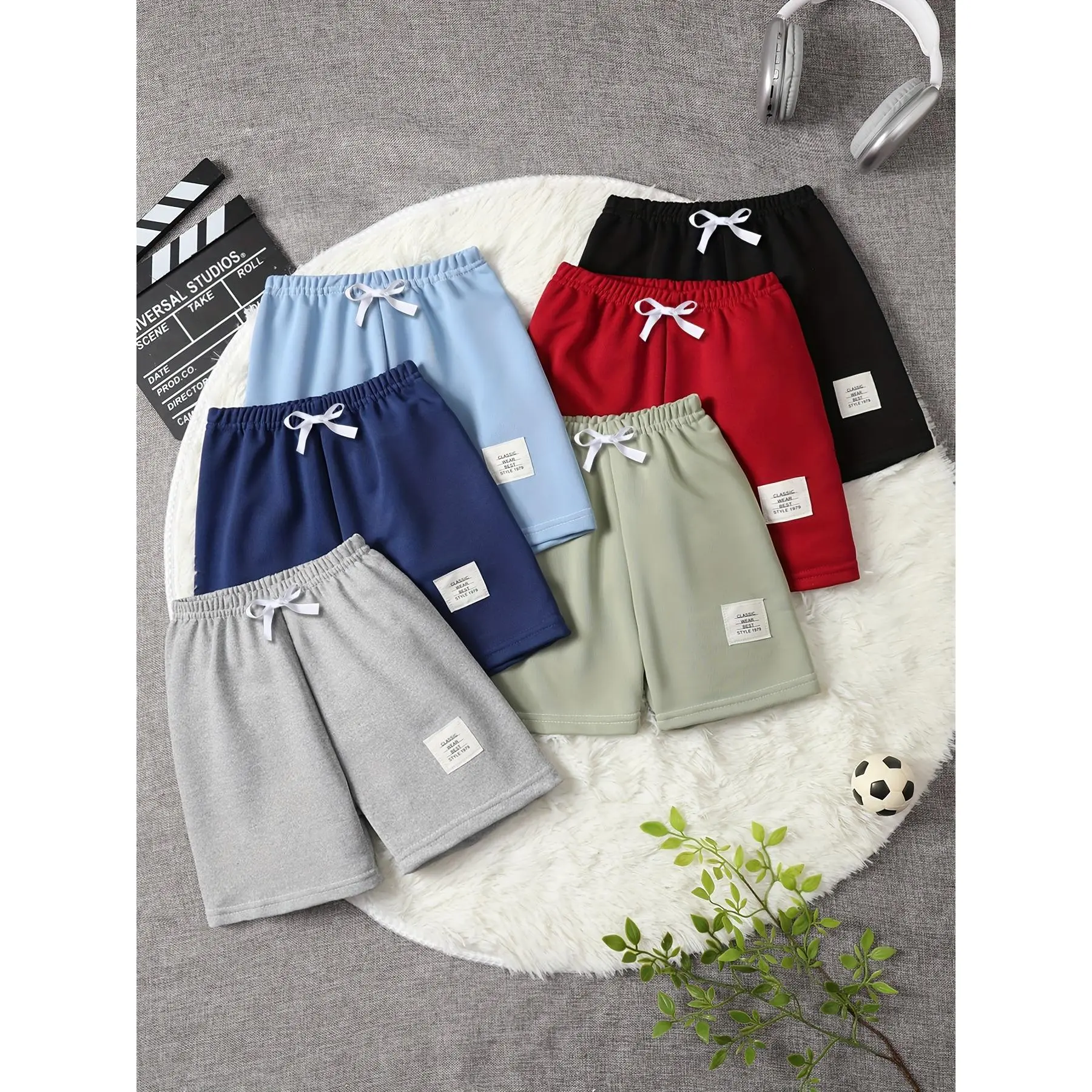 6-Pc of Loose-Fitting Shorts for Boys, Spring/Summer Style for Boys And Girls, Same Style Solid Color Five-Point Pants with Patches, Solid Color Basic Casual Pants, Outdoor Sports Shorts, Casual Vacation Style, Sizes 3-12 Years Old, Brother Outfits