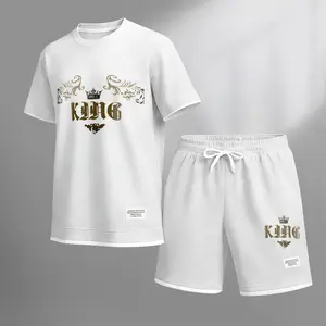Men's King Print Short Sleeve Shirt and Drawstring Shorts Set, Casual Summer Two-Piece Outfit, Lightweight Breathable Relaxed Fit Sportswear, Stylish Comfortable Daily Wear Beach Travel Loungewear26