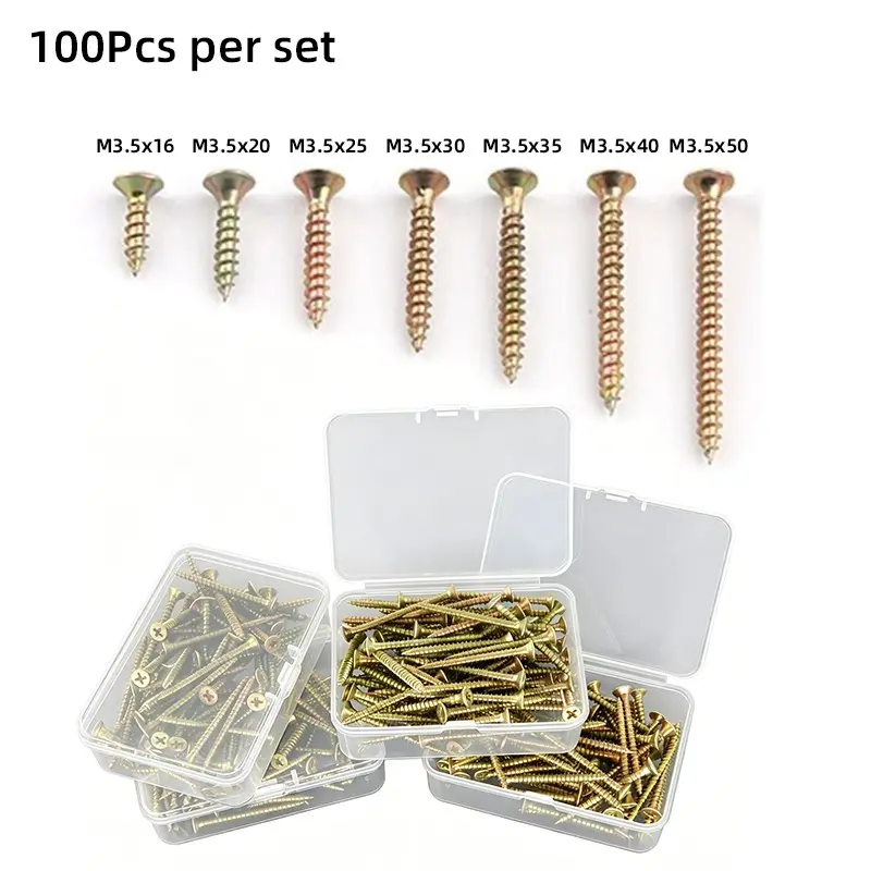100pcs Durable Self-Tapping Screws, M3.5 Flat Head, Ideal for Wood and Fiberboard, Perfect for Drilling, Industrial Applications, Mounting Screws