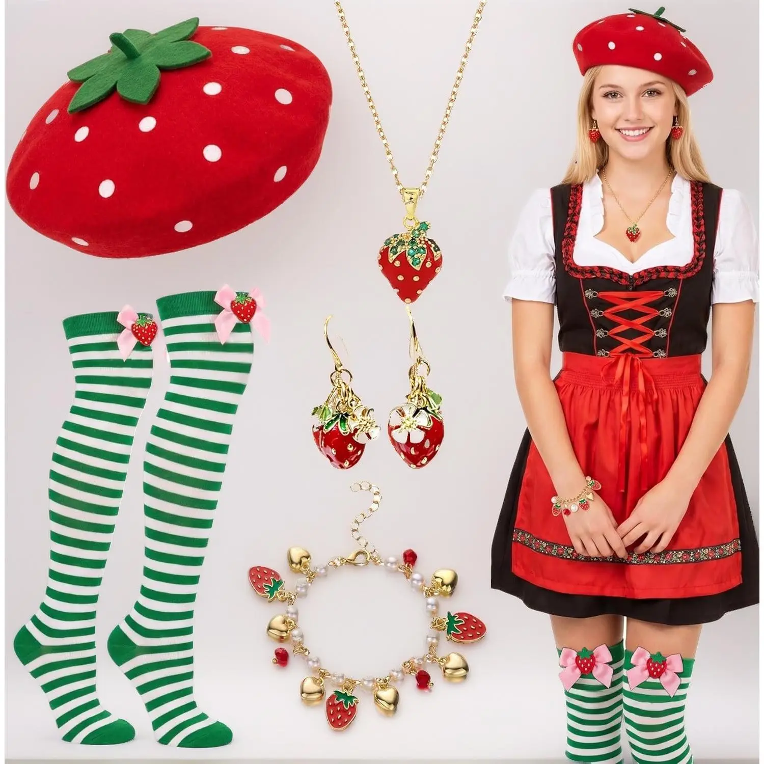 5Pcs Strawberry Hat Costume Accessories Set for Women, Strawberry Beret Hat,Strawberrys Jewelry Set, Cotton Thigh High Over Knee Socks with Bowknot for Halloween Cosplay.