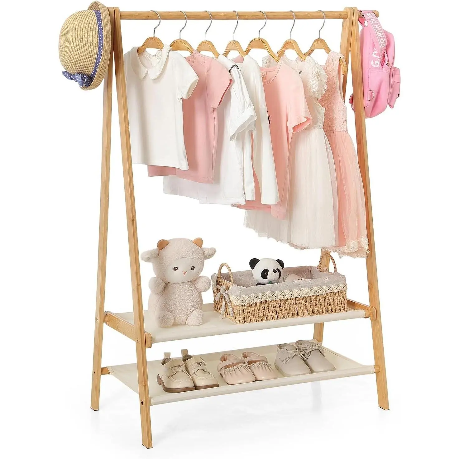Foldable Kids Clothing Rack - Dress Up Storage with 2 Fabric Shelves, Bamboo Small Clothes Rack for Hanging Organizer, Kids Costume Wardrobe & Dress Up Rack for Bedroom, Playroom, Nursery (Natural)
