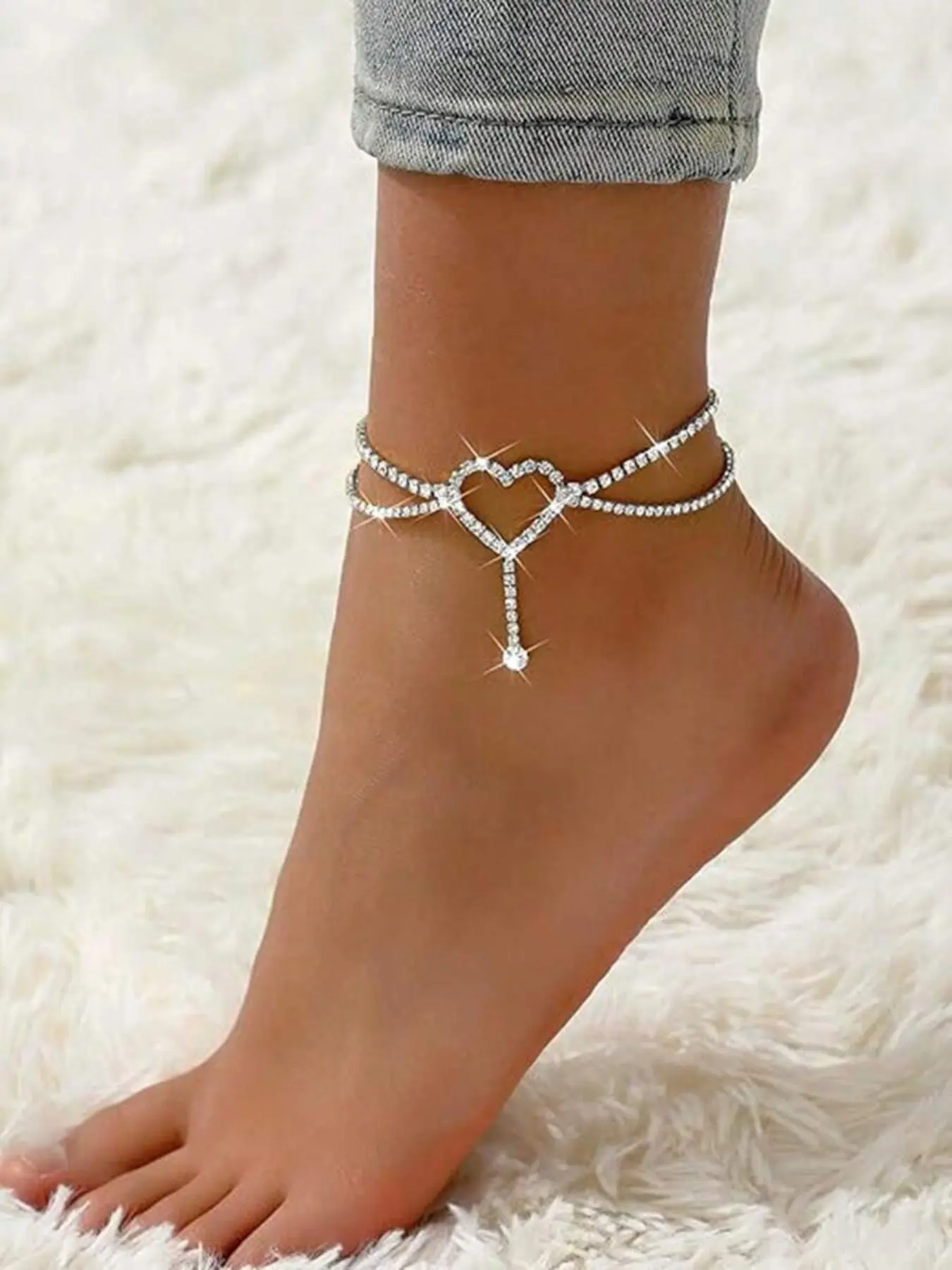 Double Layer Heart Ankle Bracelet, Rhinestone Hollow Heart Anklet, Dainty Silver Color Foot Chain, Crystal Drop Beach Jewelry, Gift for Women