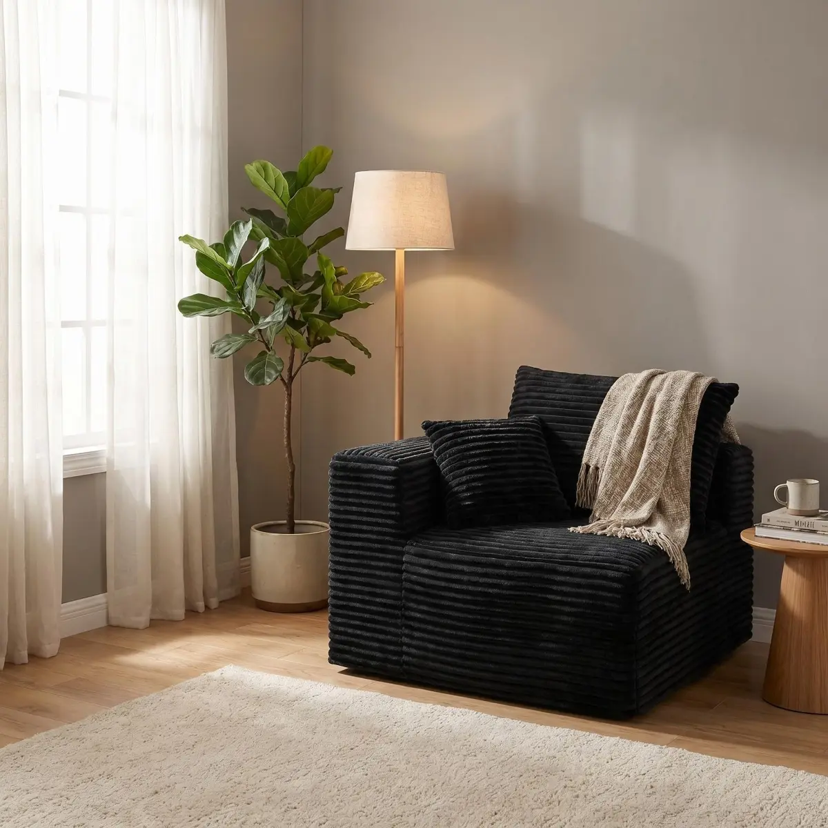 [Fahuac] Modern Floor-Hugging Corduroy Accent Chair, Legless Modular Lounge Sofa, Compression-Packed Armless Single Seat, Black