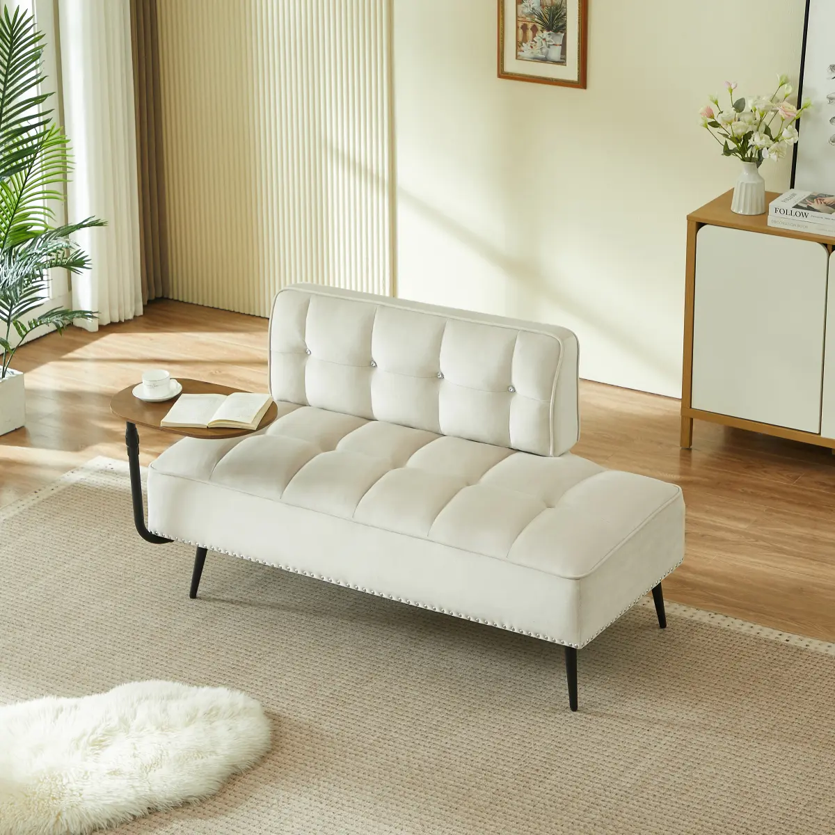 [Bellemave] 54-Inch Modern Two-Seater Velvet Sofa with Backrest & 360° Rotating Side Table – Entryway Ottoman, Multi-Use Bench, Office Desk and Chair Set, Space-Saving Design for Living Room, Bedroom, Apartment