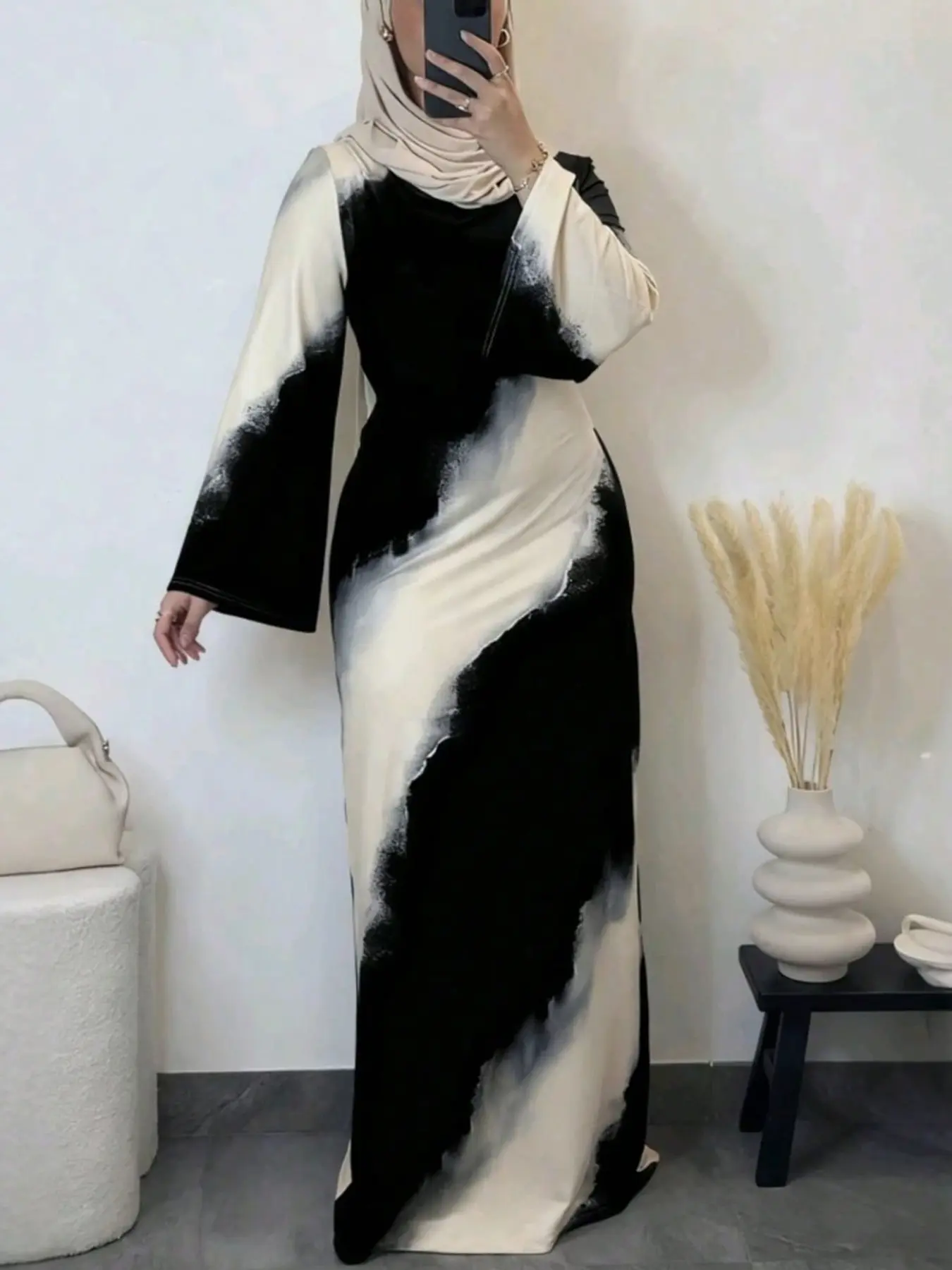 Minimalist, Modest Style and Colorblock Robe, Modesty Wear, Ink Wash Print Waist Cinch Tunic Dress, Elegant Long Robe for Parties and Shopping, Traditional Robe, Classy Modest Dresses, Maxidresses