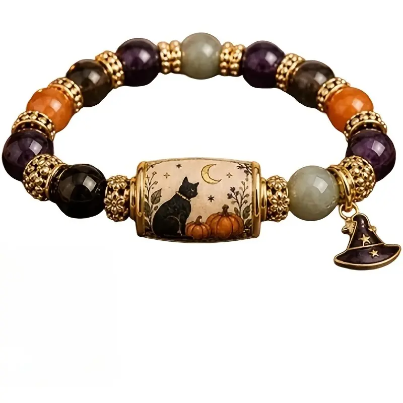 Halloween Black Cat Pumpkin Beaded Bracelet, Stretch Witch Hat Charm Jewelry Set for Women Fall Autumn Gift