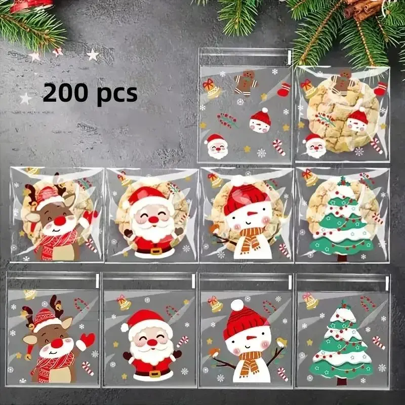 200 Pcs Christmas Creative Cartoon Gift Bags, Santa Reindeer Snowman Designs, Holiday Candy Cookie Packaging, Festive Baking Wrapping, Random Colors
