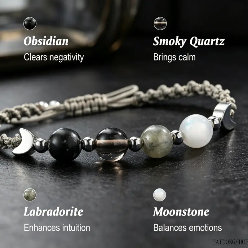 Spiritual Healing Celestial Moon Phase Woven Bracelet, Natural Moonstone & Obsidian Crystal Beaded Wrist Jewelry, Calming Sentimental Accessory Perfect For Daily Wear & Birthday Gift,Merry,Christmas,Stretch,Bracelets,heart,design