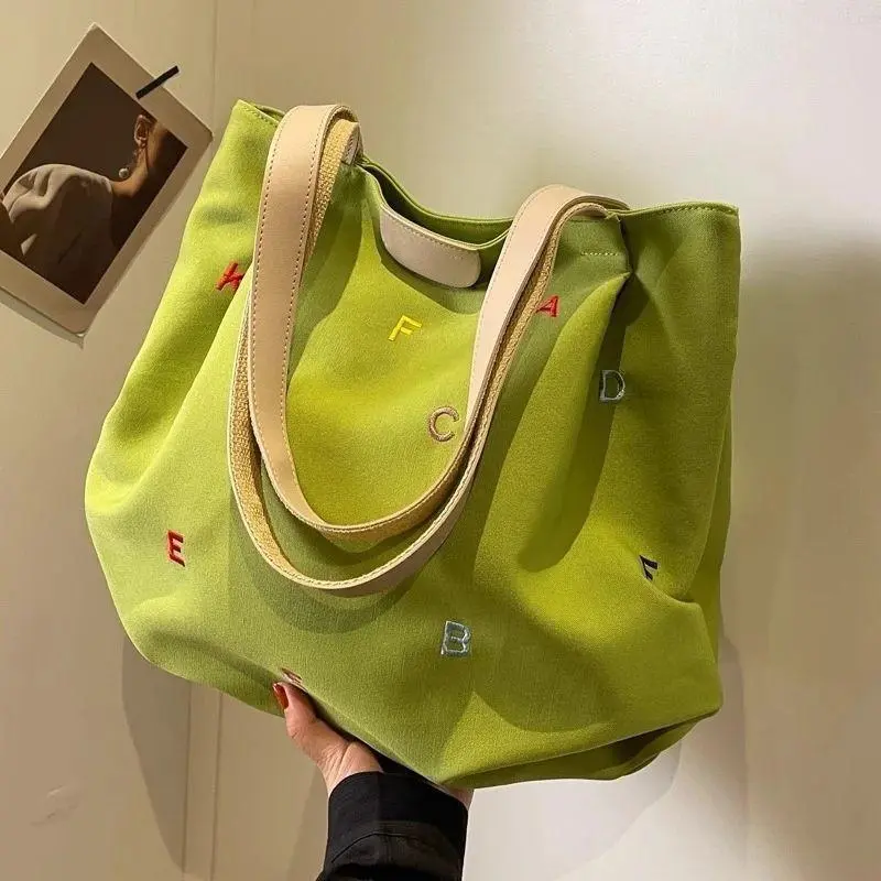 Women's Canvas Tote Bag with Colorful Letter Embroidery, Casual Double Handle Shoulder Bag, Large Capacity for School and Work, College Style Tote, Back To School Haul, Shoulder Strap, Embellished, Open-Top