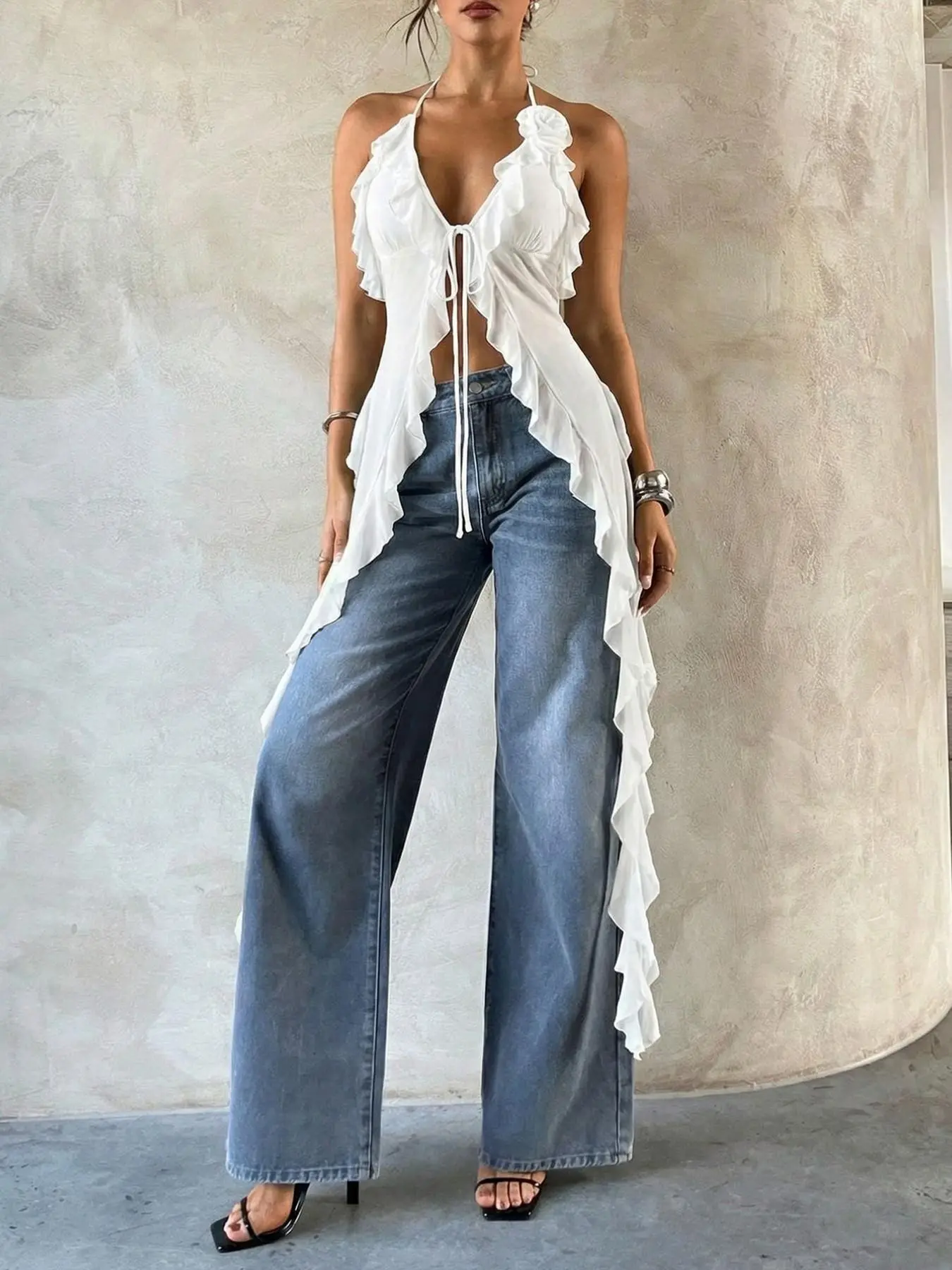White Halter Neck Ruffle Tie Front Longline Women Top Deep V Sleeveless Open Front Asymmetric Hem Blouse Sexy Y2K Going Out Evening Party Date Night Festival Vacation Beach Cover Up Soft Flowy Fabric Chic Summer Top Boho Blouse