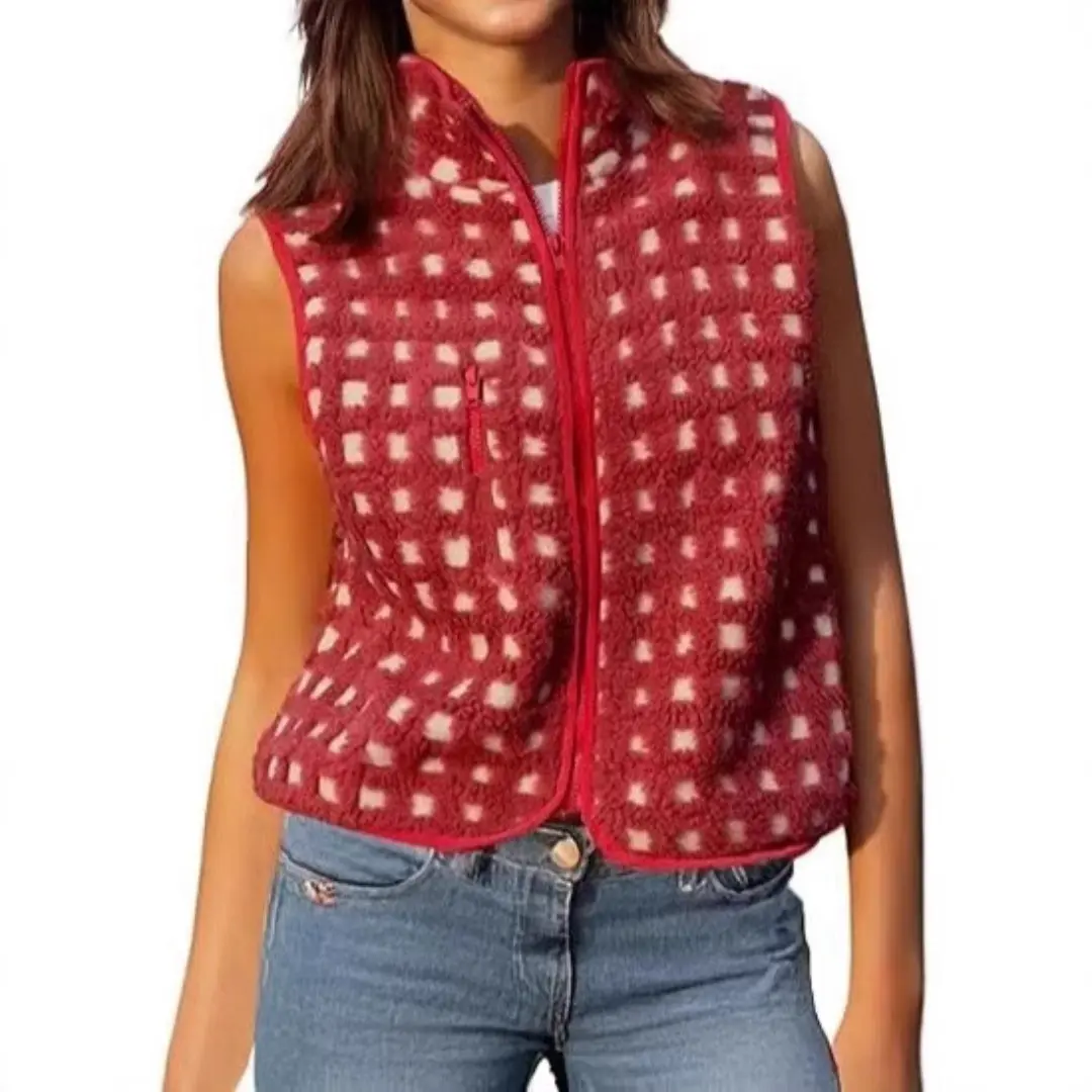 Casual Stripe Waffle Knit Vest, Sleeveless Zip-Up Turtleneck, 100% Viscose Medium Length Women's Clothes, Vest Top