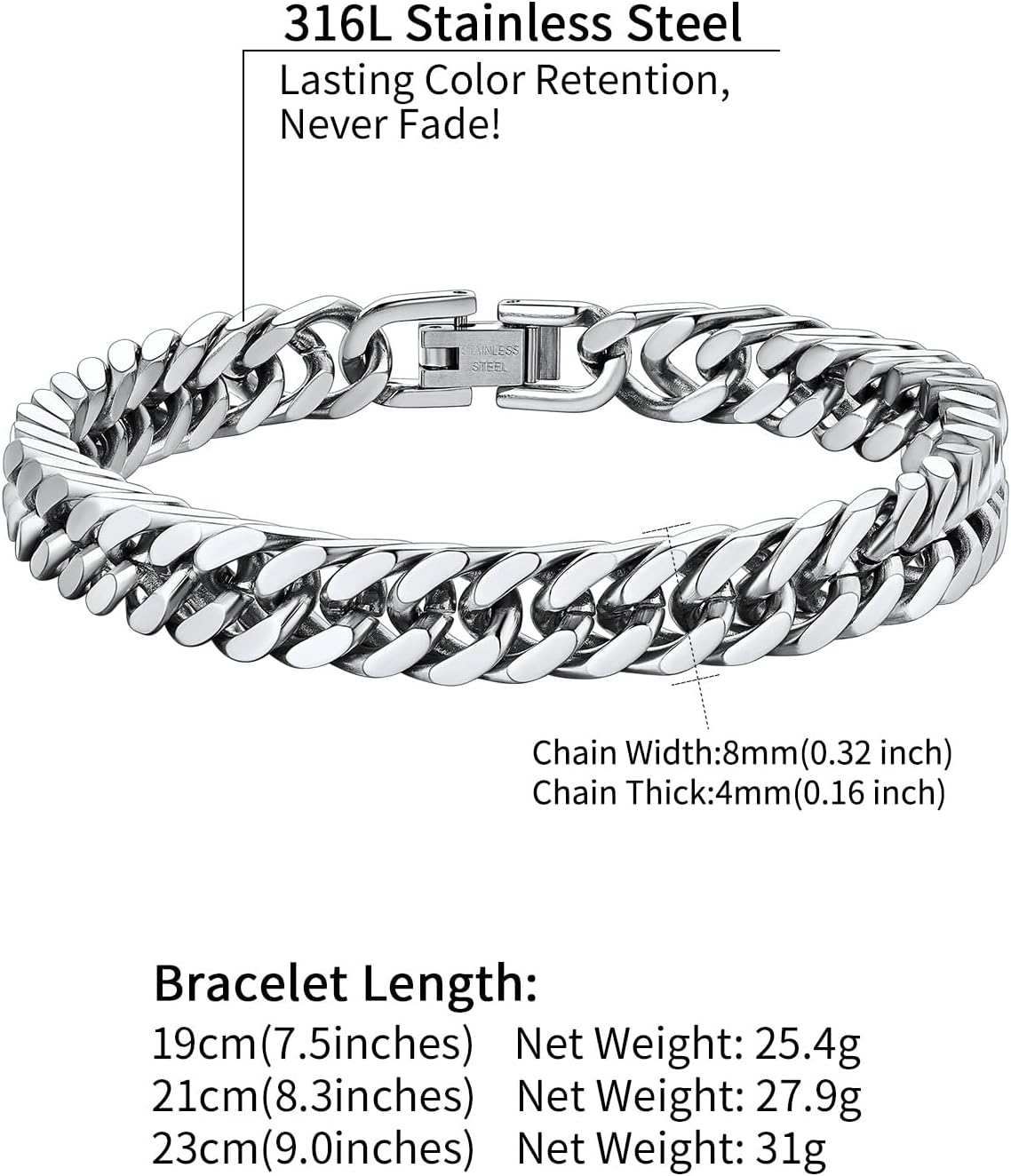 Cassieca Stainless Steel Cuban Link Bracelet for Men and Women Cassieca Stainless Steel Cuban Link Bracelet for Men and Women