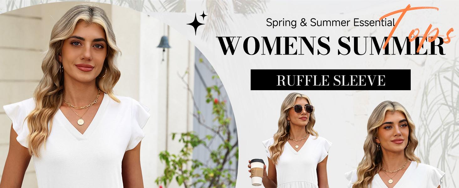 WIHOLL Women's Summer Tops, Cute Babydoll Blouse with Ruffle Sleeves, Trendy V-Neck Dressy Casual Flowy Shirts, Women's Clothes, Cute Tops For Women,clothes for back to school,first day of school outfits