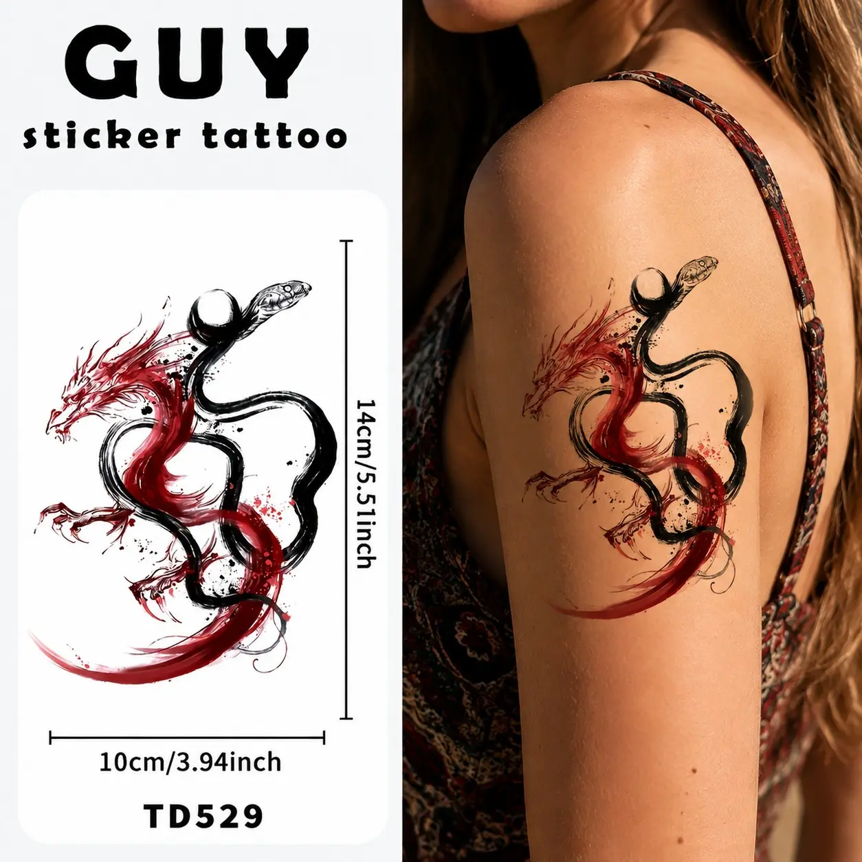 Ink Dragon Tattoo Sticker, Splattered Ink Brushstrokes, Dragon & Snake Entwined, Waterproof, Non-Toxic, Long-Lasting
