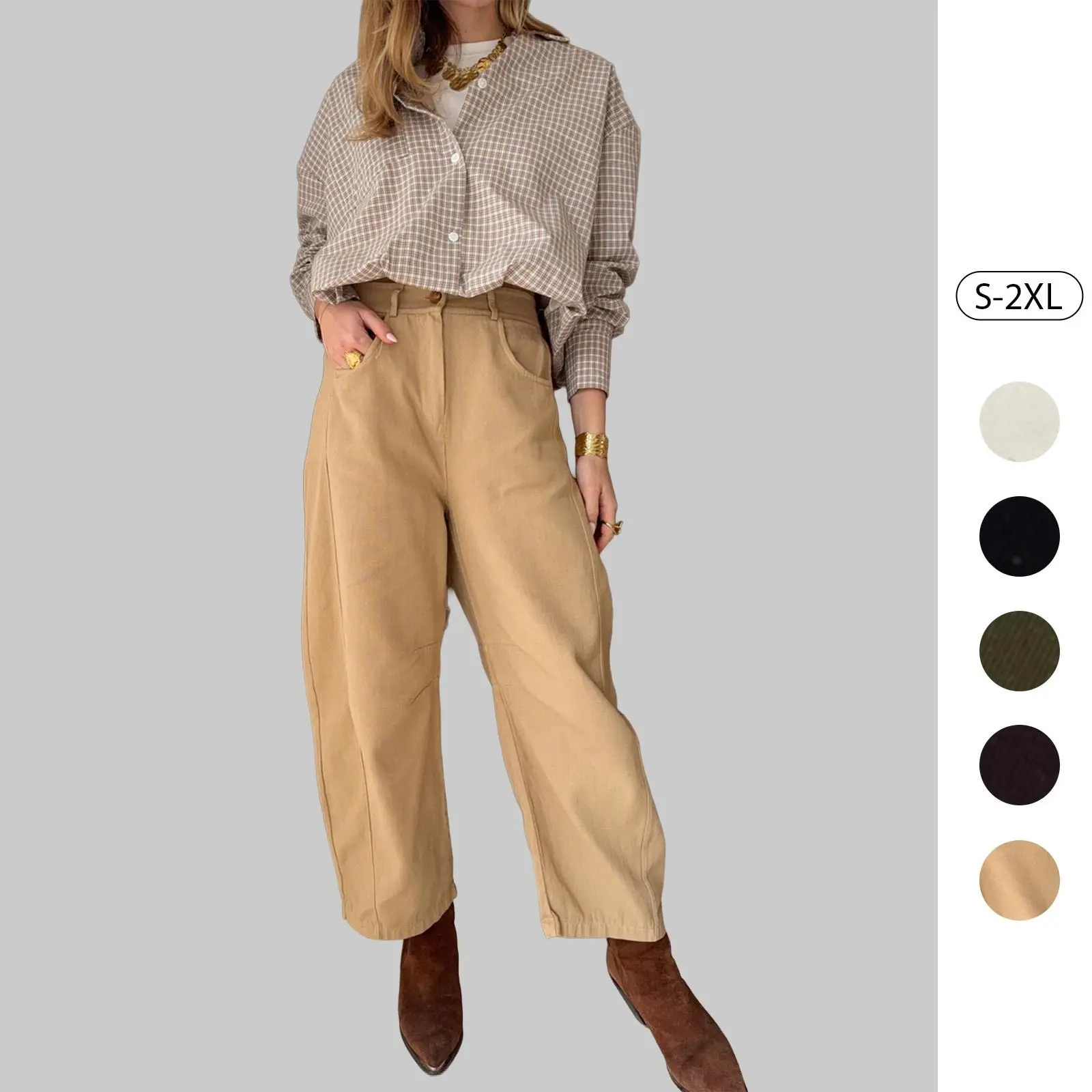Tankaneo Womens Barrel Baggy Pants Casual Wide Leg Elastic Waist Palazzo Pants Mid Rise Loose Trousers