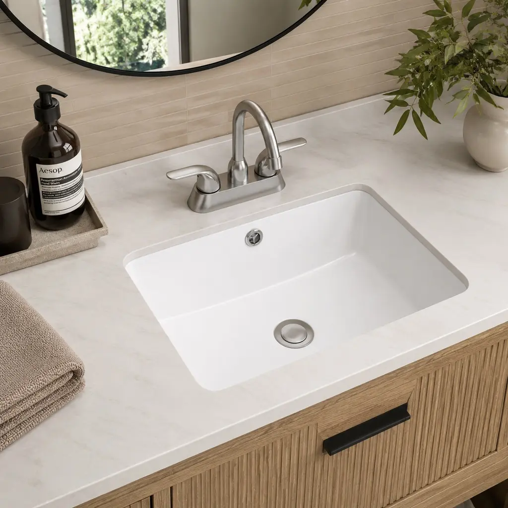 ARCH 18" W x 12" D x 8.25" H White Rectangular Ceramic Undermount Bathroom Sink - Overflow, Modern Sleek Design, Stain-Resistant Glazed Surface, Easy Clean, Acid Resistance, for Home Bathroom, Restaurant, Single Bowl