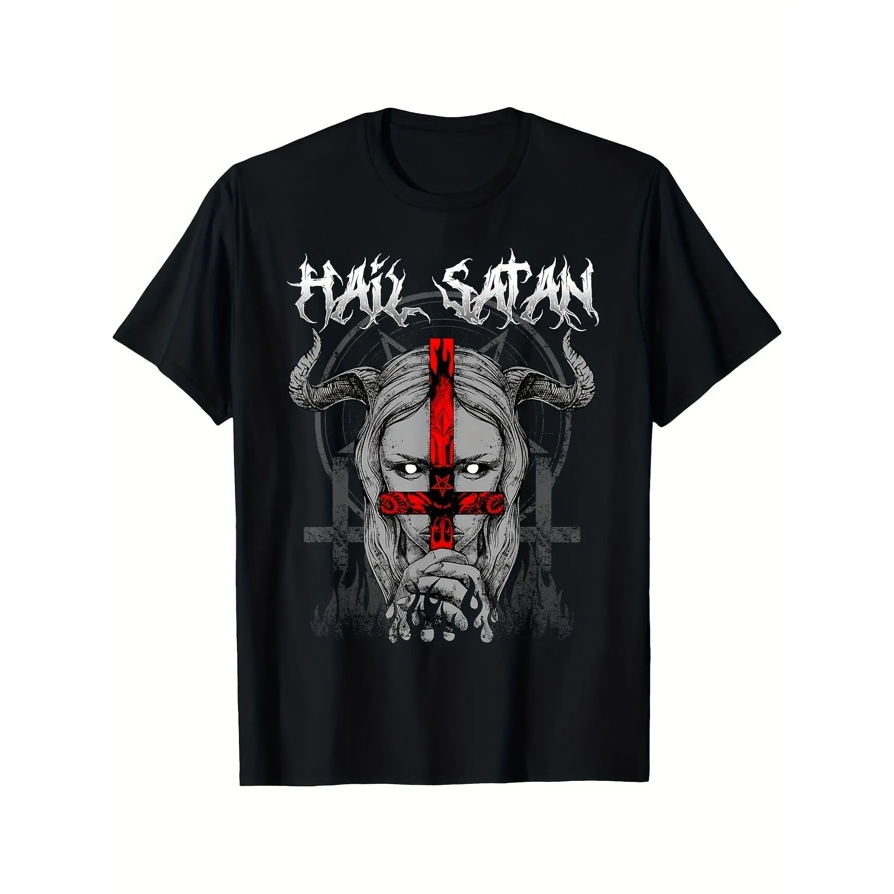 Men's Vintage Satanic Heavy Metal Shortsleeve T-Shirt - Stylish Classic Menswear Garment, Black Gothic Band Tee with Red Lettering, Baphomet & "Long Live Satan" Graphic, Oversized Fit, Durable Digital Print, 2026 Summer Unisex Sport Top for Concerts, Cott