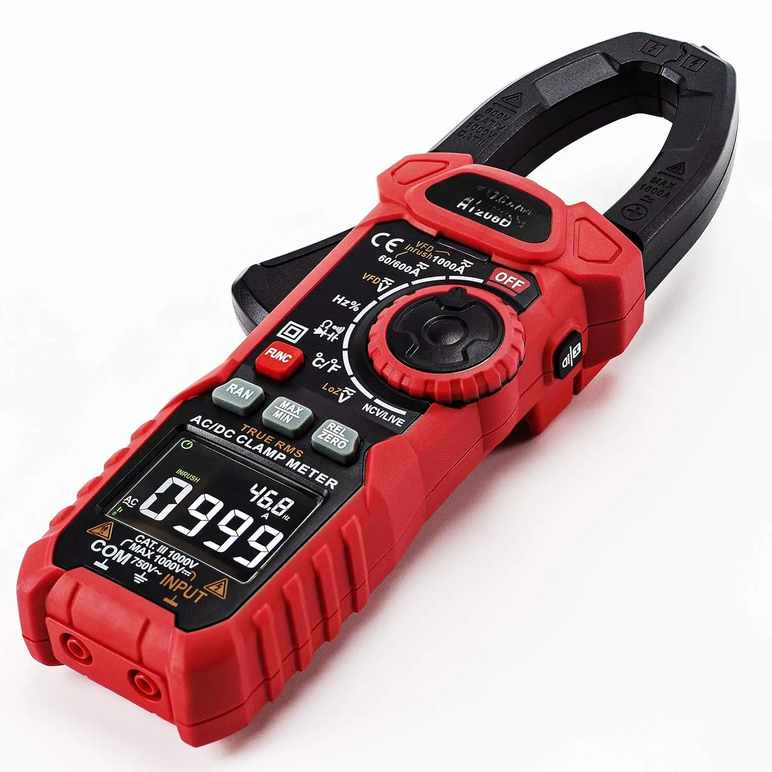 HT208D Inrush Clamp Meter 1000A True RMS  Current Amp Meter, VFD, LOZ Mode, 6000 Counts, Measures Current  Temperature Capacitance Resistance Diodes Continuity Duty-Cycle