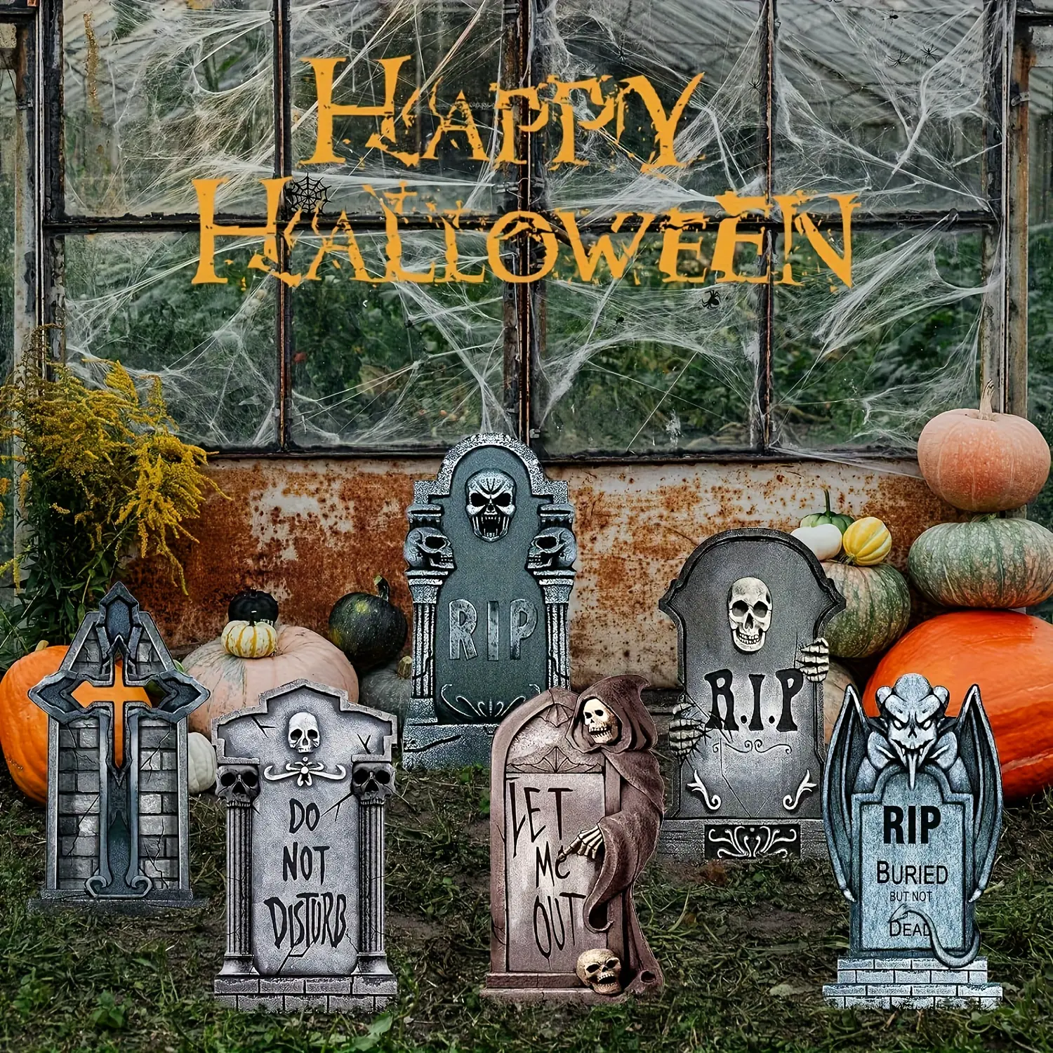 Tombstones Halloween Decor- 6 Pack RIP Graveyard Headstones With 10 Bonus Plastic Stakes,15" PVC Yard Signs for Graves,Haunted House,Outdoor Lawn and Scary Halloween Party Decorations