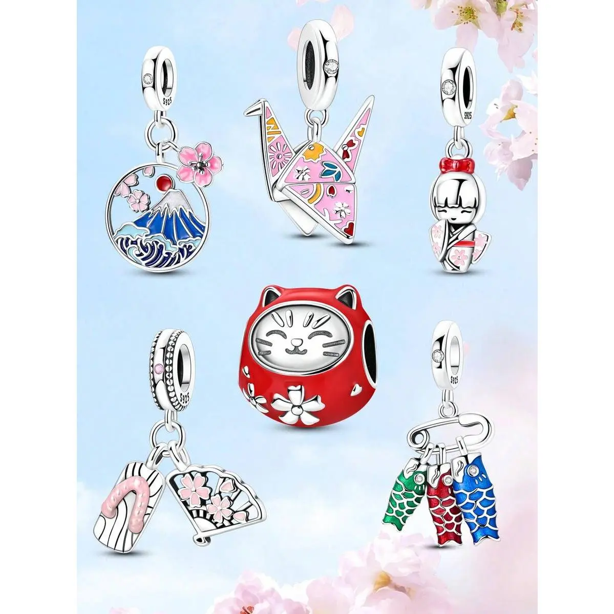 Silver Plated Japanese Motifs Charm Set - Cherry Blossom, Crane, Maneki Neko, Kimono Pendants for Bracelets, Necklace - Cute Charm Set, DIY Jewelry Kit