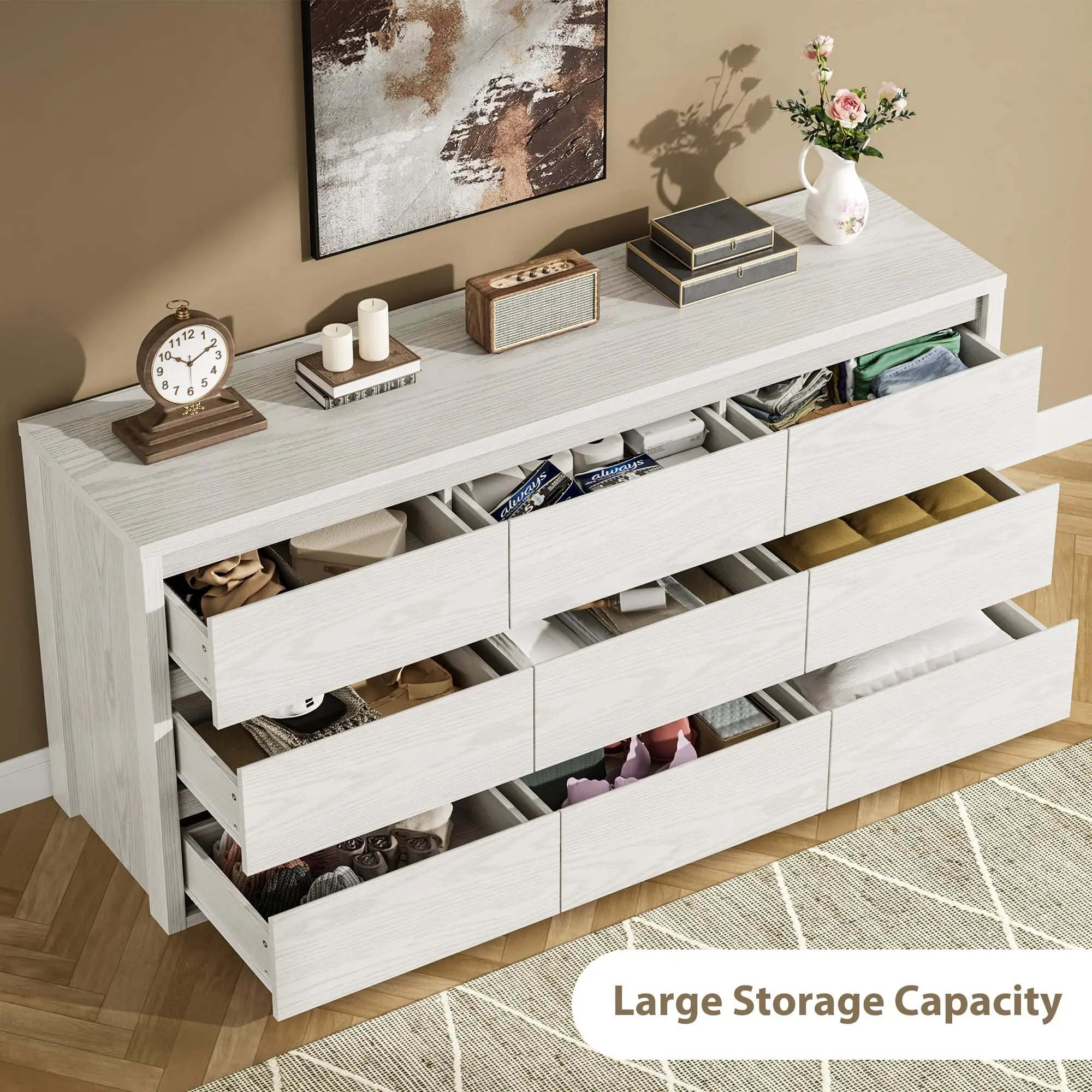 【Garvee】9/7 Drawer Dresser for Bedroom, Wide Modern Chest of Drawers, Large Wood Dresser Wooden Storage Organizer for Living Room, Hallway Entryway