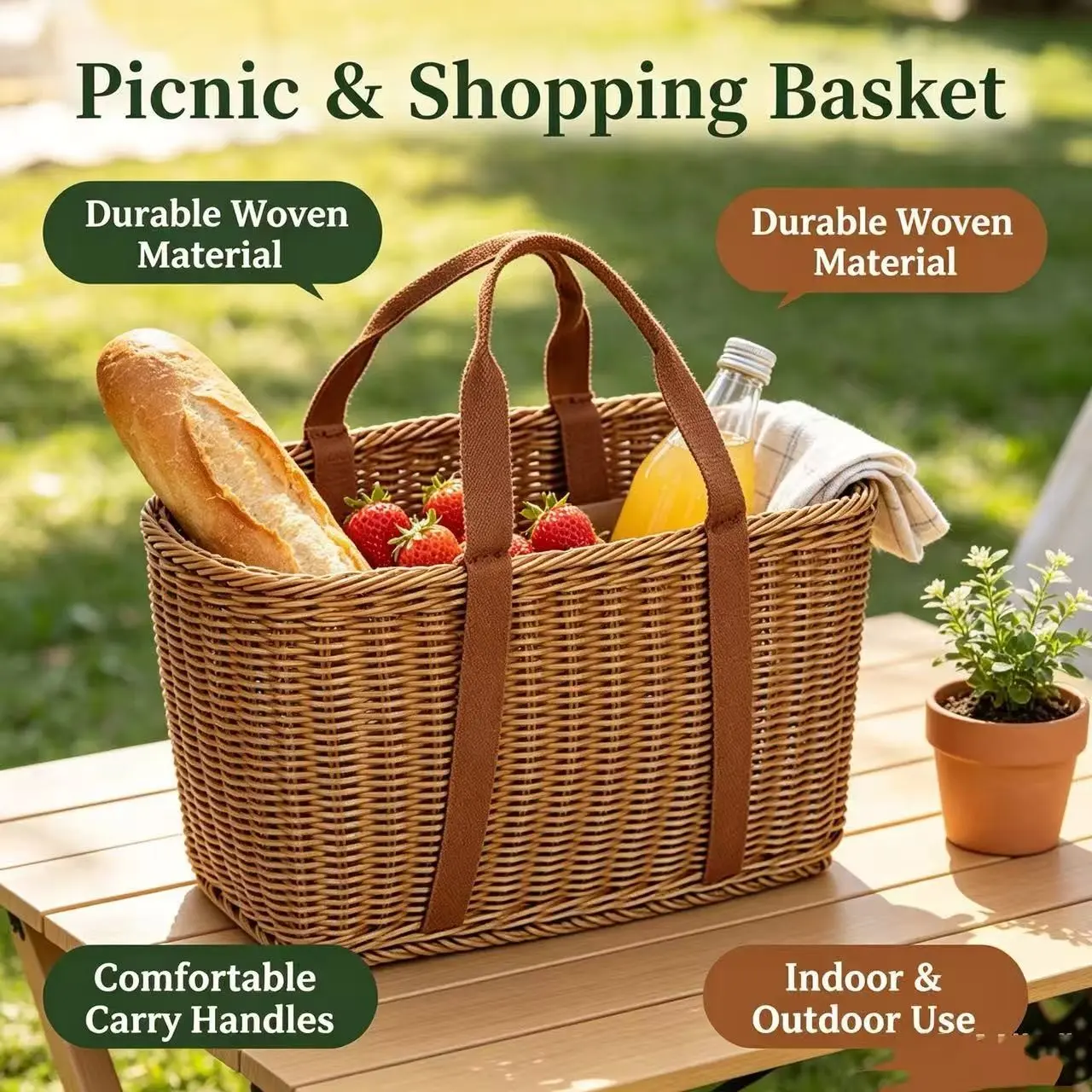 Handmade Wicker-Look Plastic Basket, Handle, Vintage Design, Ideal for Outdoor Picnics, Storage, Home Use, Perfect Gift, Camping Basket, Basket With Handles