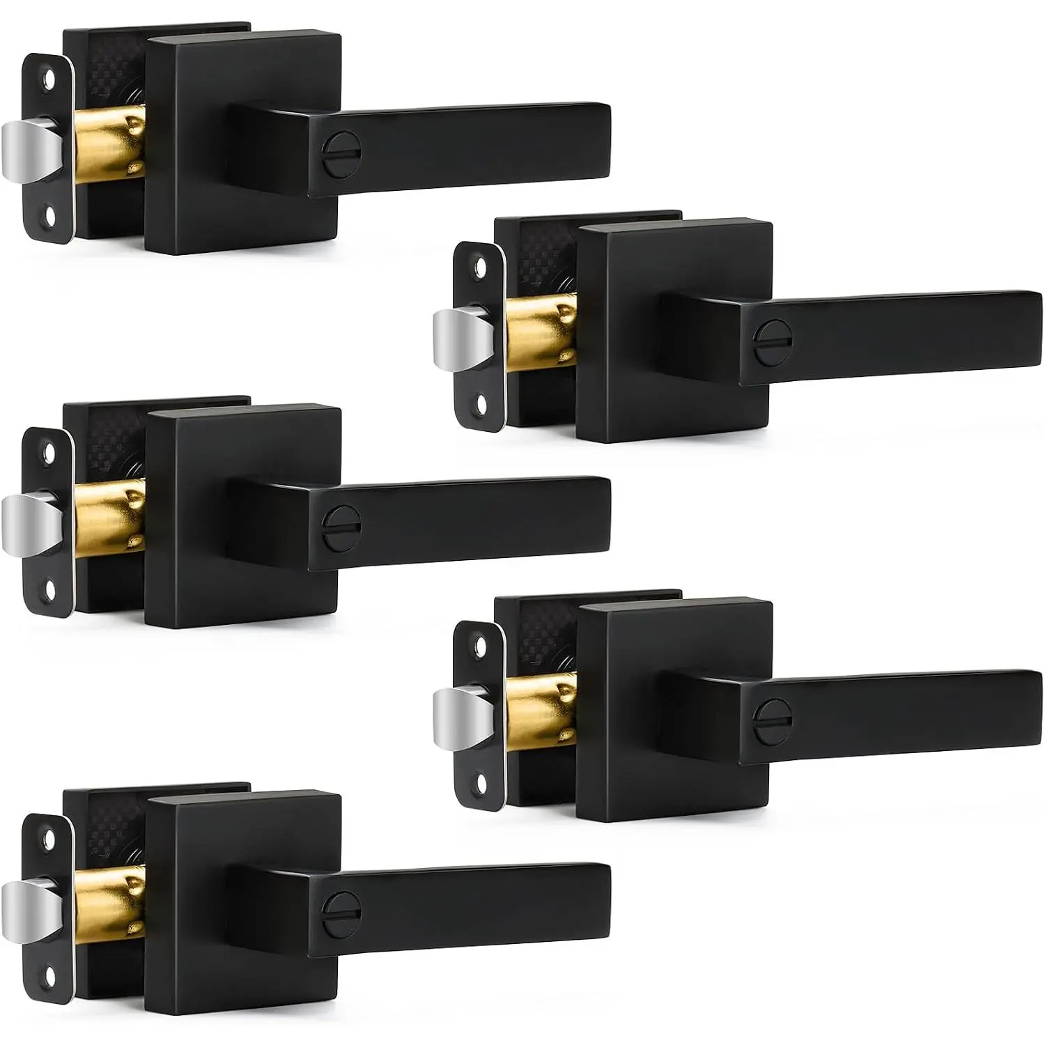 5 Pack Matte Black Door Handles  Door Levers, Keyless Interior Door Knobs Square Door Levers Heavy Duty Door Locks for Bedroom Bathroom, Reversible Flat Levers