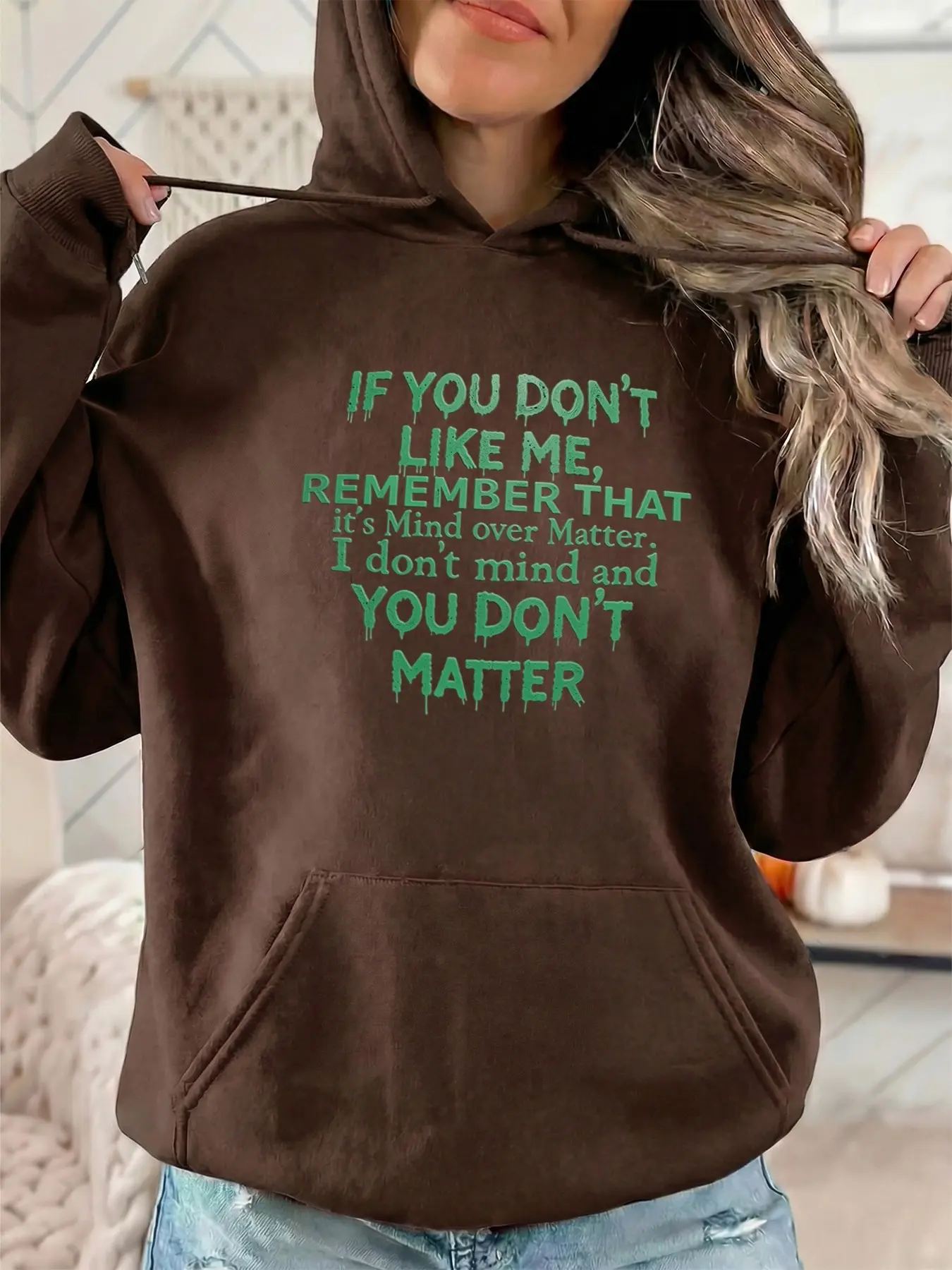 Women's fashionable hooded sweatshirt. Features the "IF YOU DON'T LIKE ME" letter print with patterned design. Drawstring kangaroo pocket. Fall and winter casual sportswear sweatshirt. Suitable for casual parties and sporty outfits.