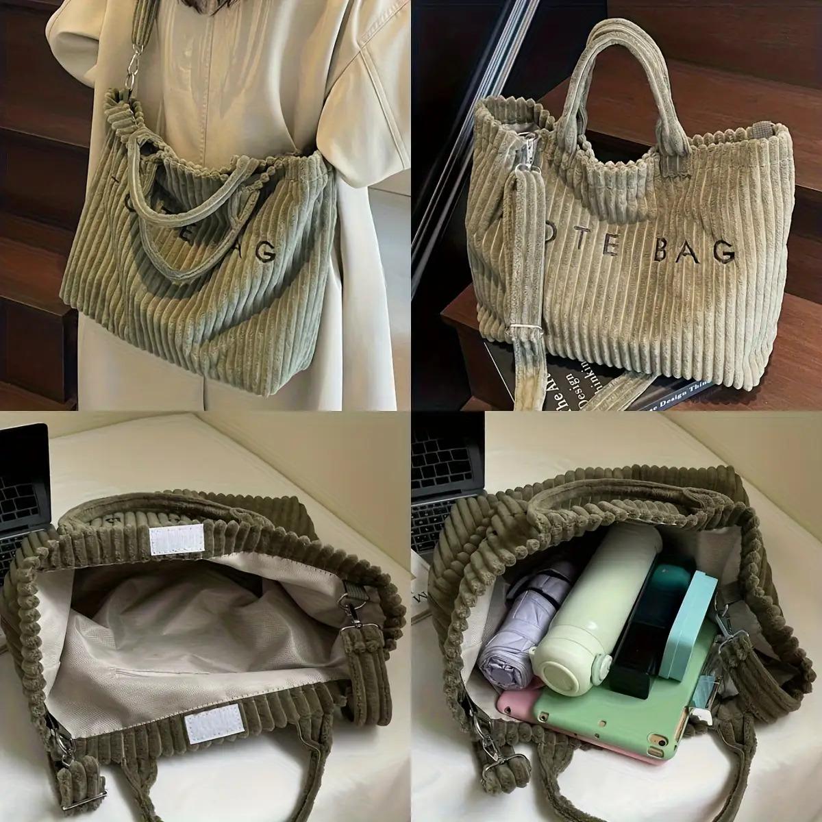 New Corduroy Women's Fashion Solid Color Soft Large Capacity Shoulder Bag with Letter Pattern Contrast Design Adjustable Strap Tote Bag Classic Square Work Bag for Work Shopping Dining as Gift