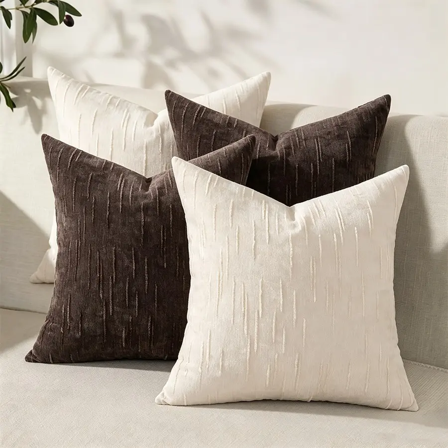 4PCS Slubby Textured Chenille Throw Decorative Pillow Covers Square Accent Solid Cushion Cover Neutral Farmhouse Pillow Case for Couch Sofa Bedroom Living Room (Without pillow insert)