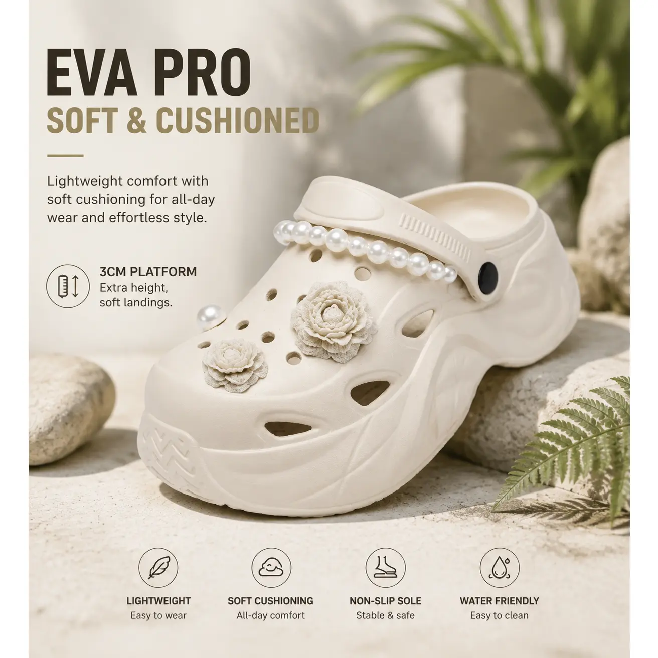 Women's Platform Clogs Shoes with Pearl & Flower Charms, Lightweight EVA Slip On Sandals, Cute Chunky Casual Shoes with Adjustable Strap, Comfortable Summer Garden Beach Shoes,Gingerbread,Man,Plush Slippers,Anime,Chains,Soft,An,thick,sole,warm w,christmas