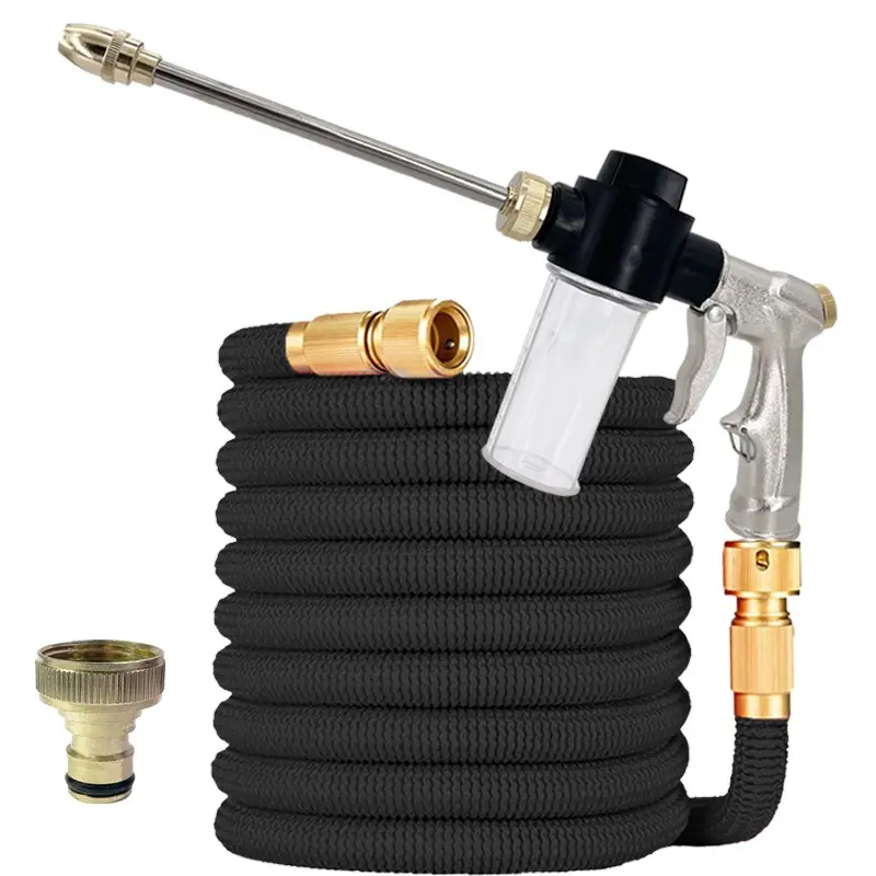 Foam Cannon Long Nozzle High Pressure Car Wash Gun, 3x Stretch Retractable Flexible Hose, Brass Fittings, Auto Foam Washing, Garden Watering