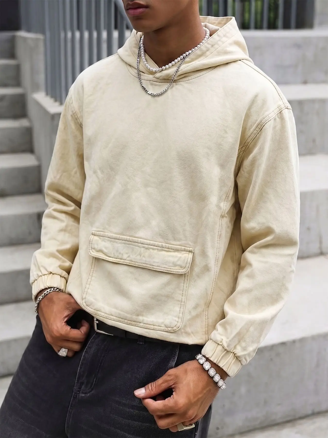 Men's Denim Hooded Sweatshirt, Loose-Fitting Long Sleeve Casual Outerwear, Trendy Patchwork Design, Fall New Arrival