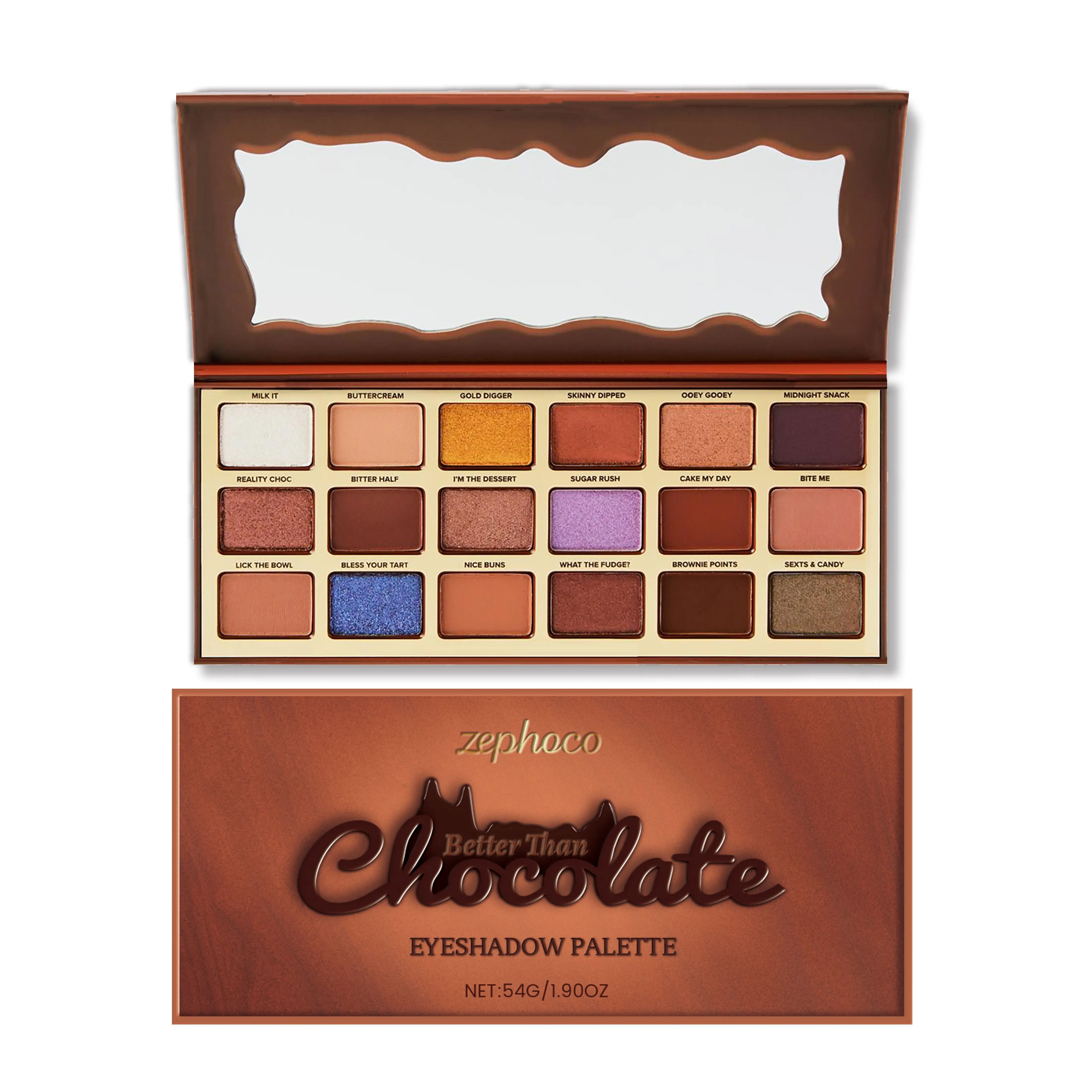 18-color eyeshadow palette in chocolate tones, earthy tones, high-gloss cool tones, lightweight and highly pigmented, suitable for daily commuting