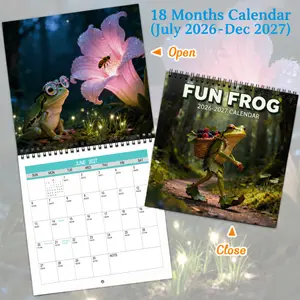 The 2026-2027 Mystery Frog themed wall calendar uses an 18-month large grid design, featuring monthly images and a cover. It's perfect for home, office, and everyday planning, making it a great choice for Christmas and New Year gifts.
